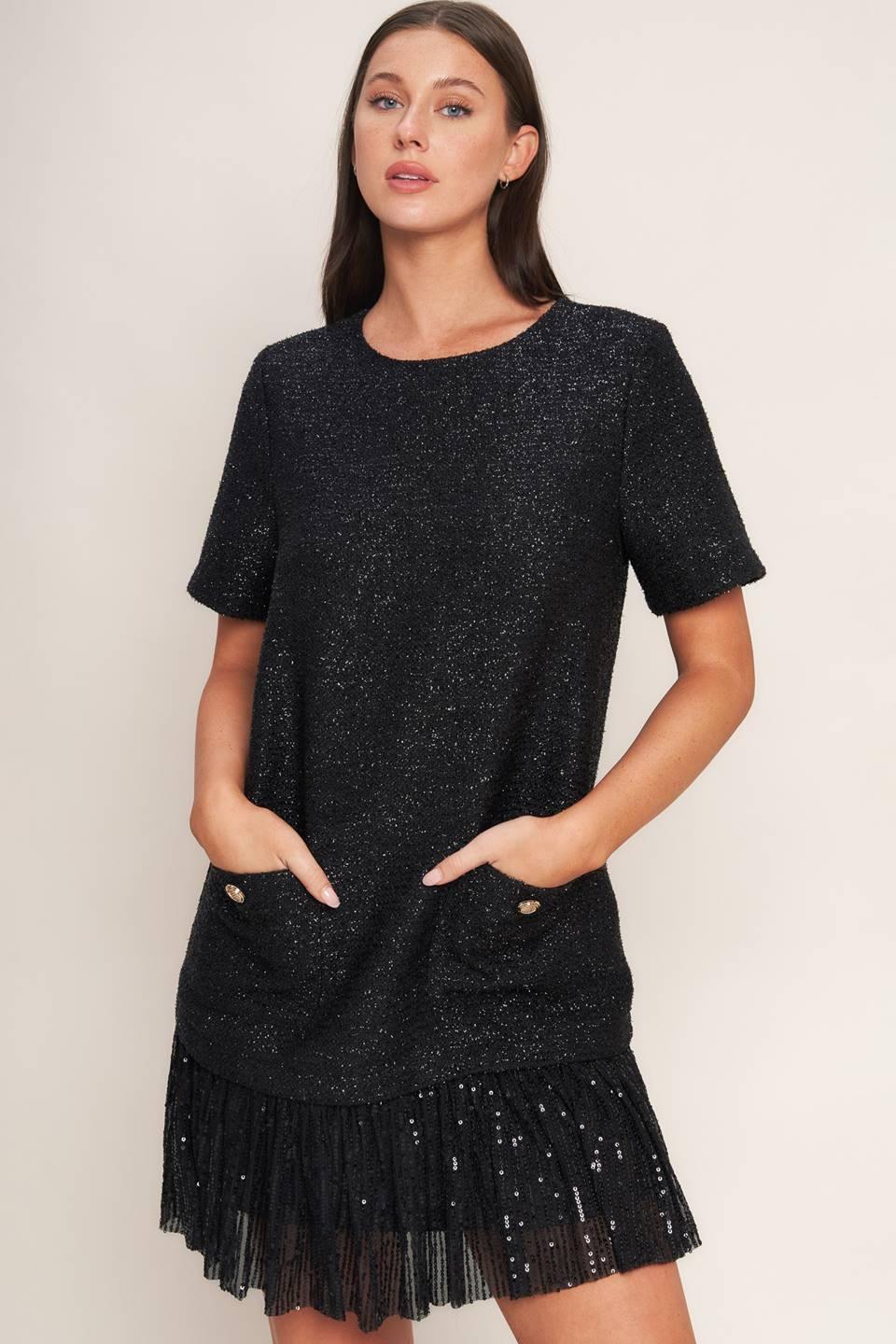 SPARK AFFAIR BLACK TWEED MINI DRESS