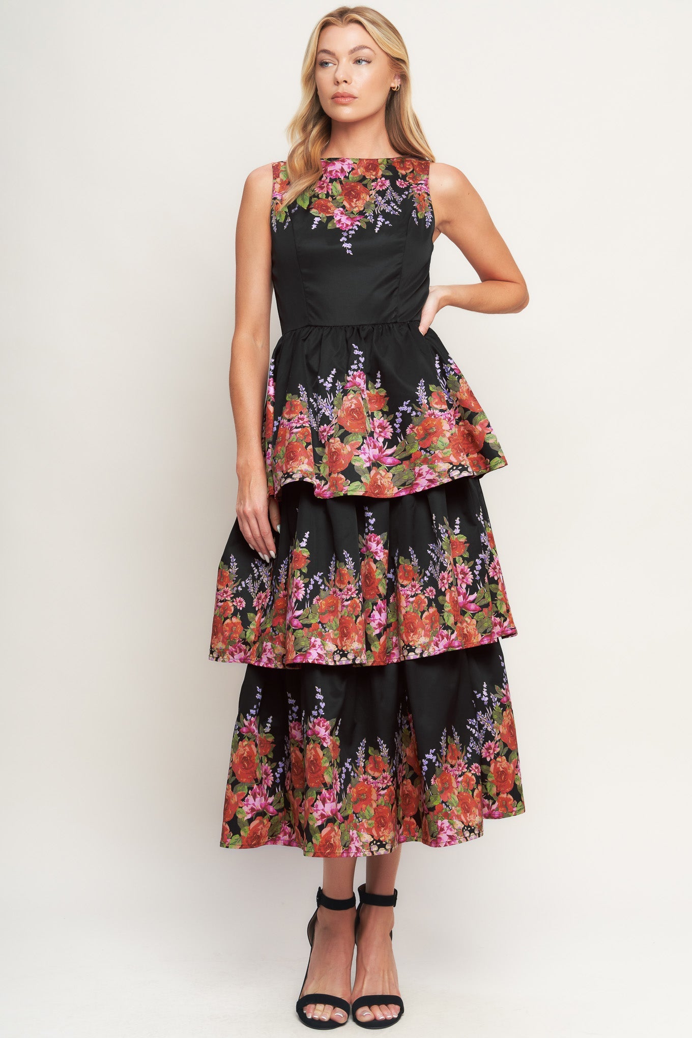 Black floral tiered dress