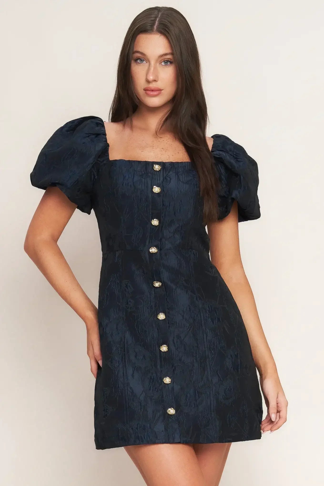 Dark blue dress with puff sleeves