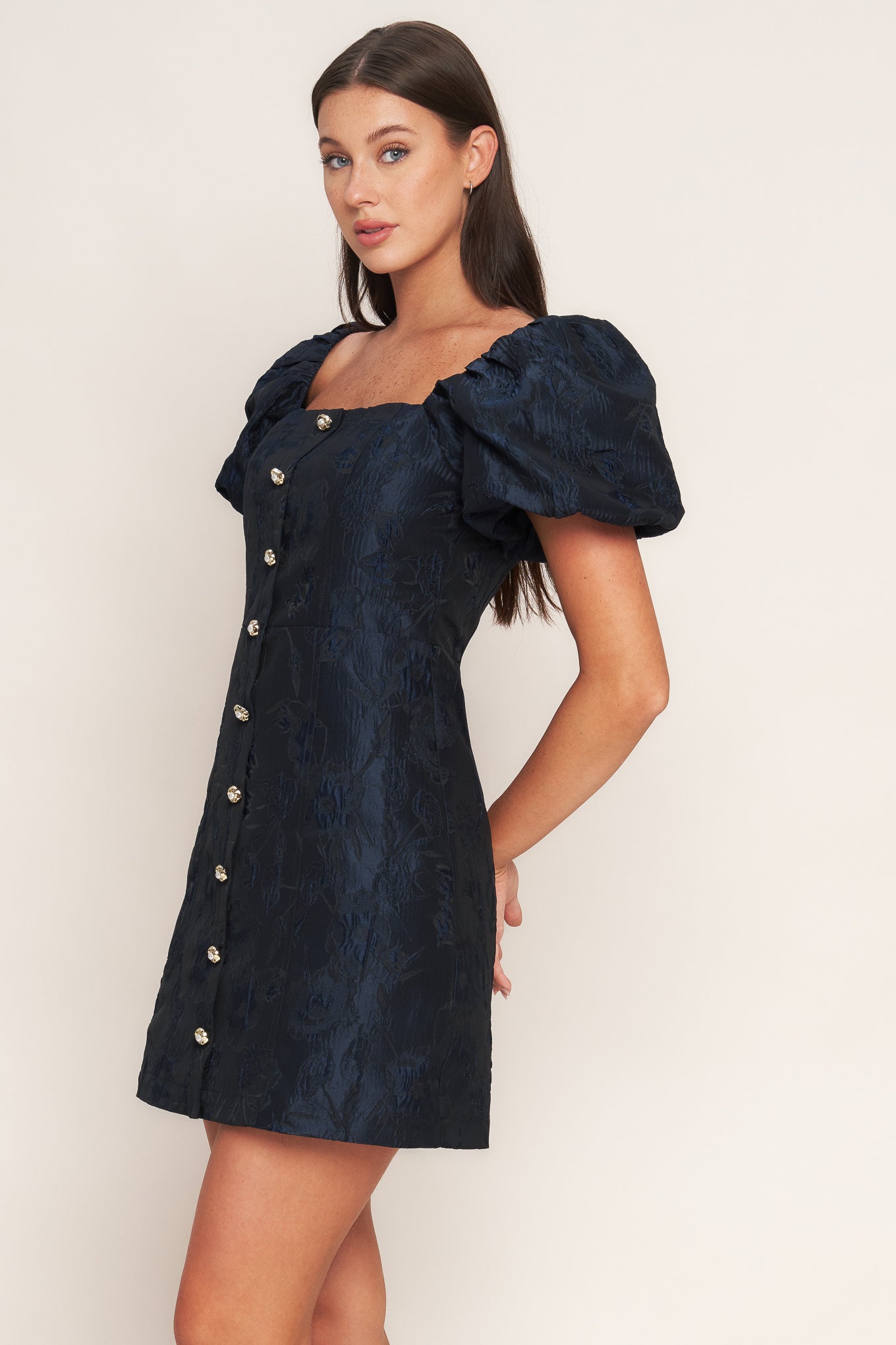 Dark blue dress with puff sleeves