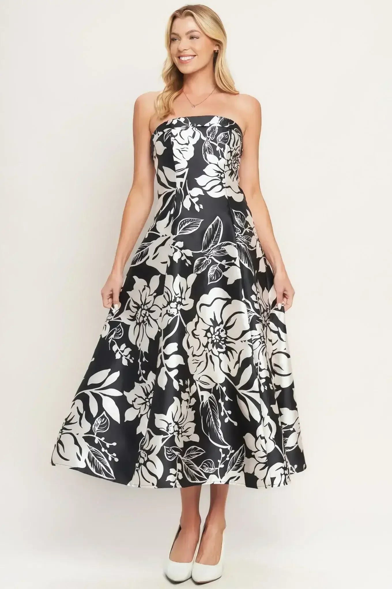 Strapless black and white floral dress