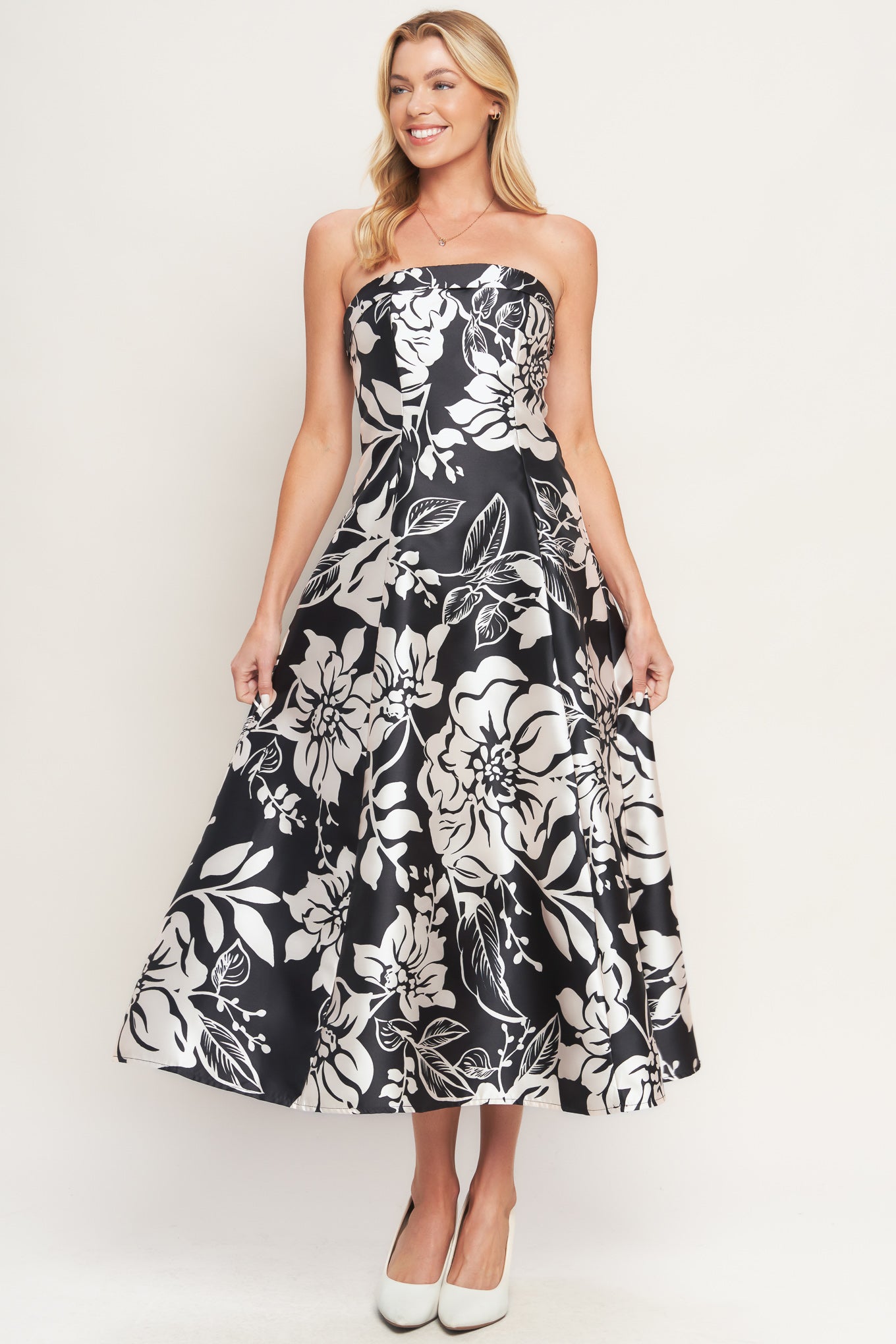 Strapless black and white floral dress