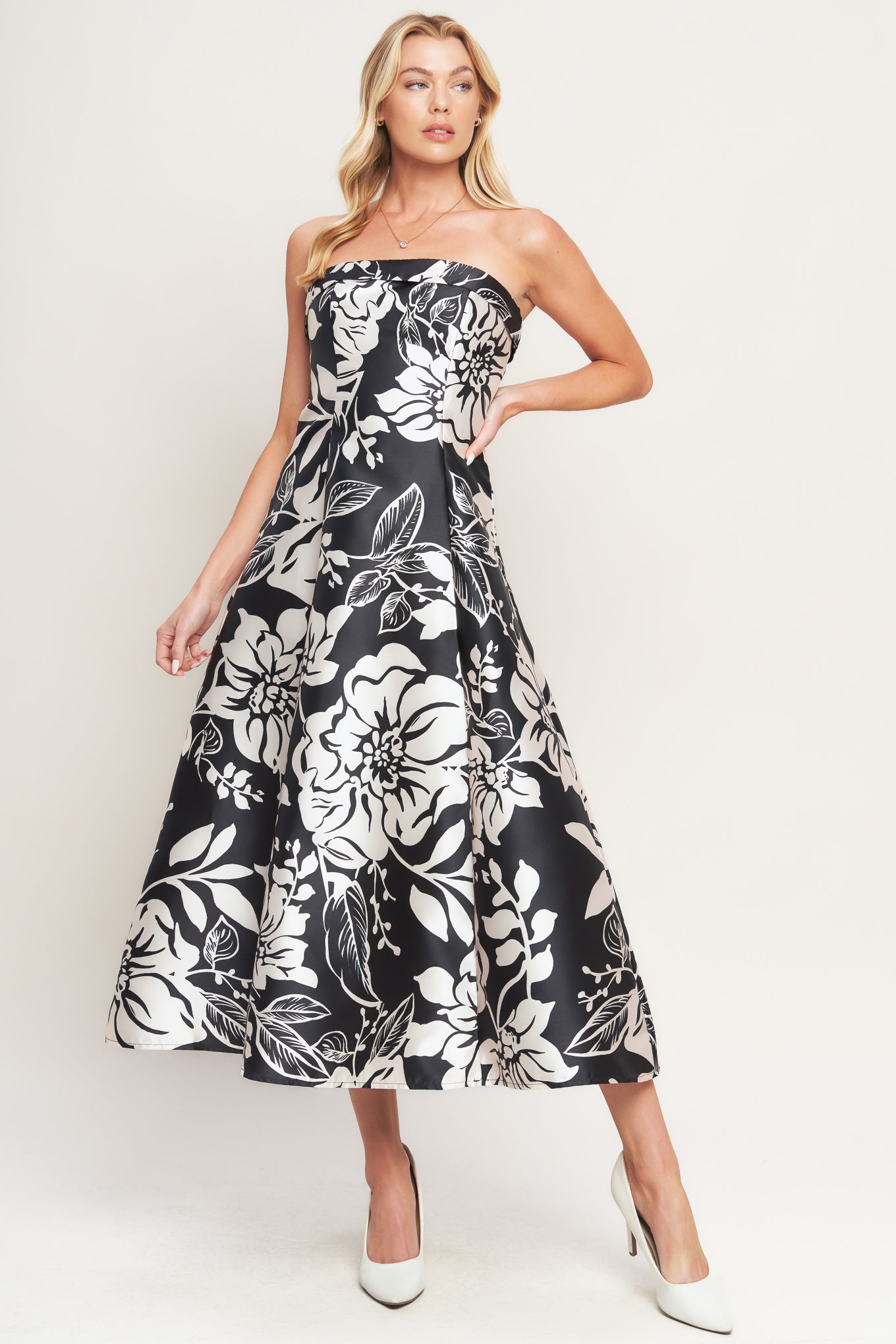 Strapless black and white floral dress