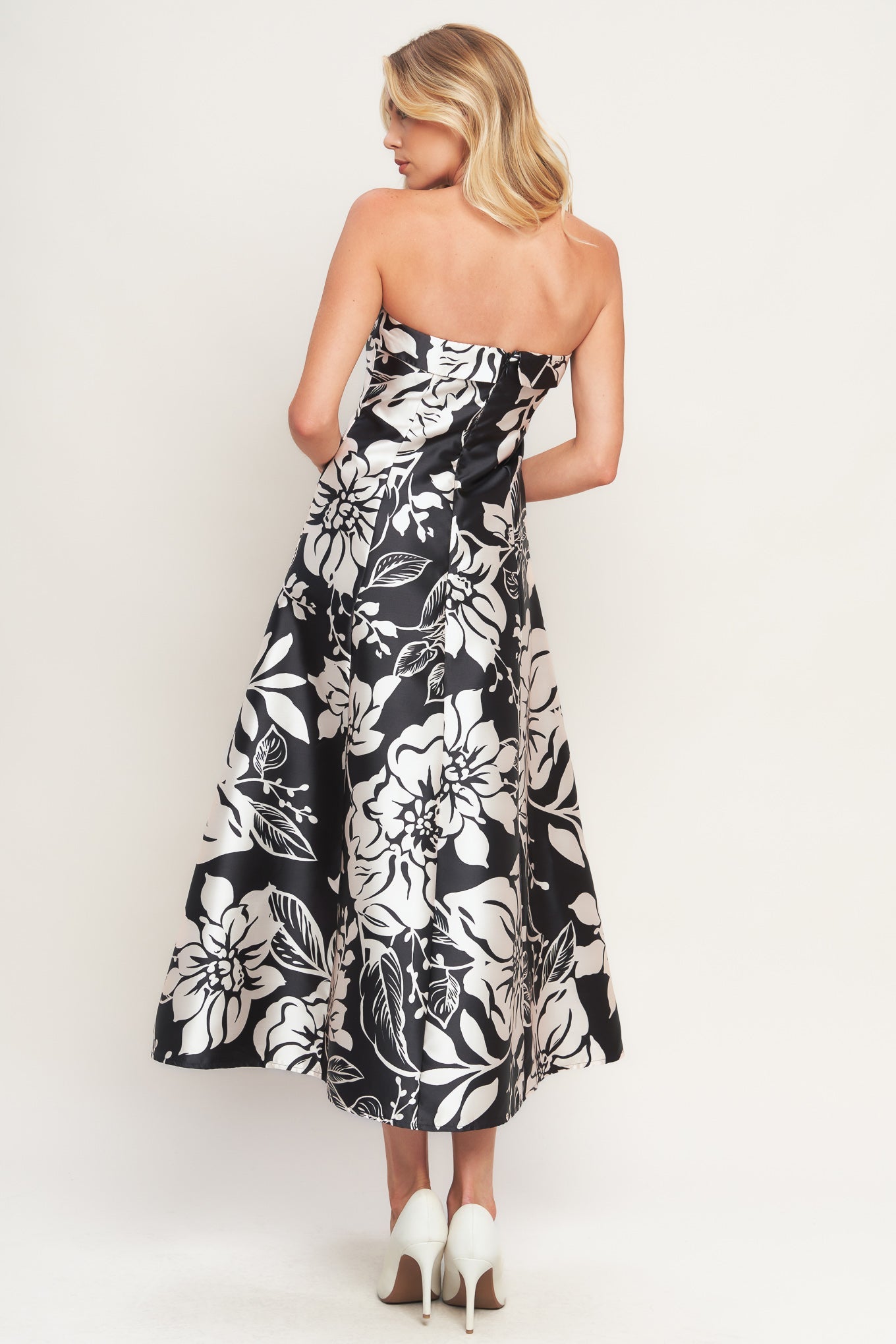 Strapless black and white floral dress