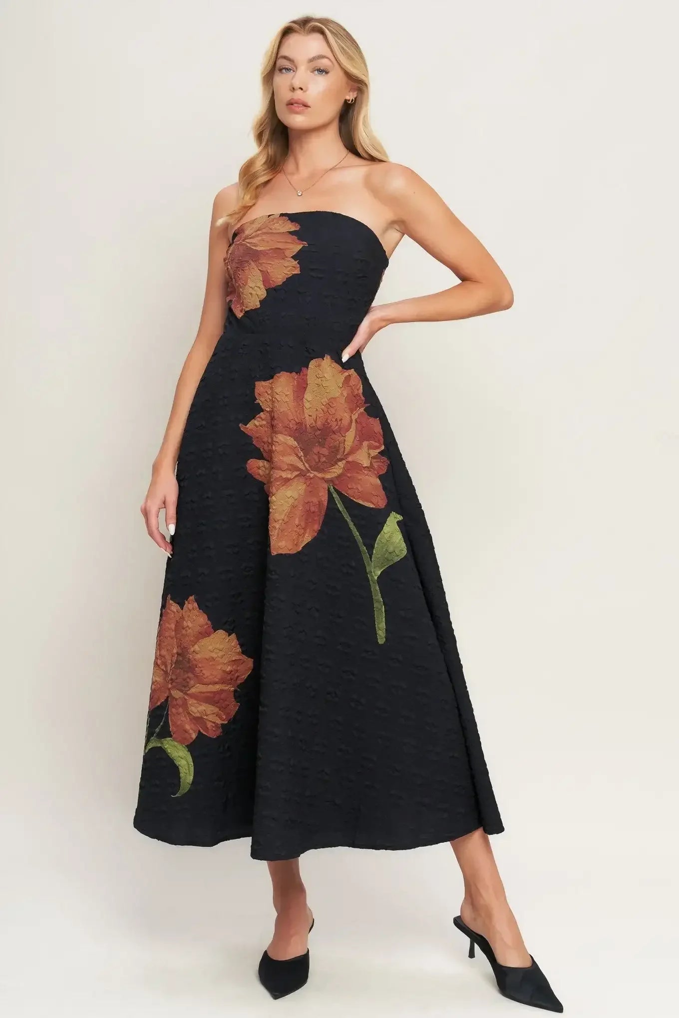 ART NOUVEAU BLOOM BLACK FLORAL MIDI DRESS