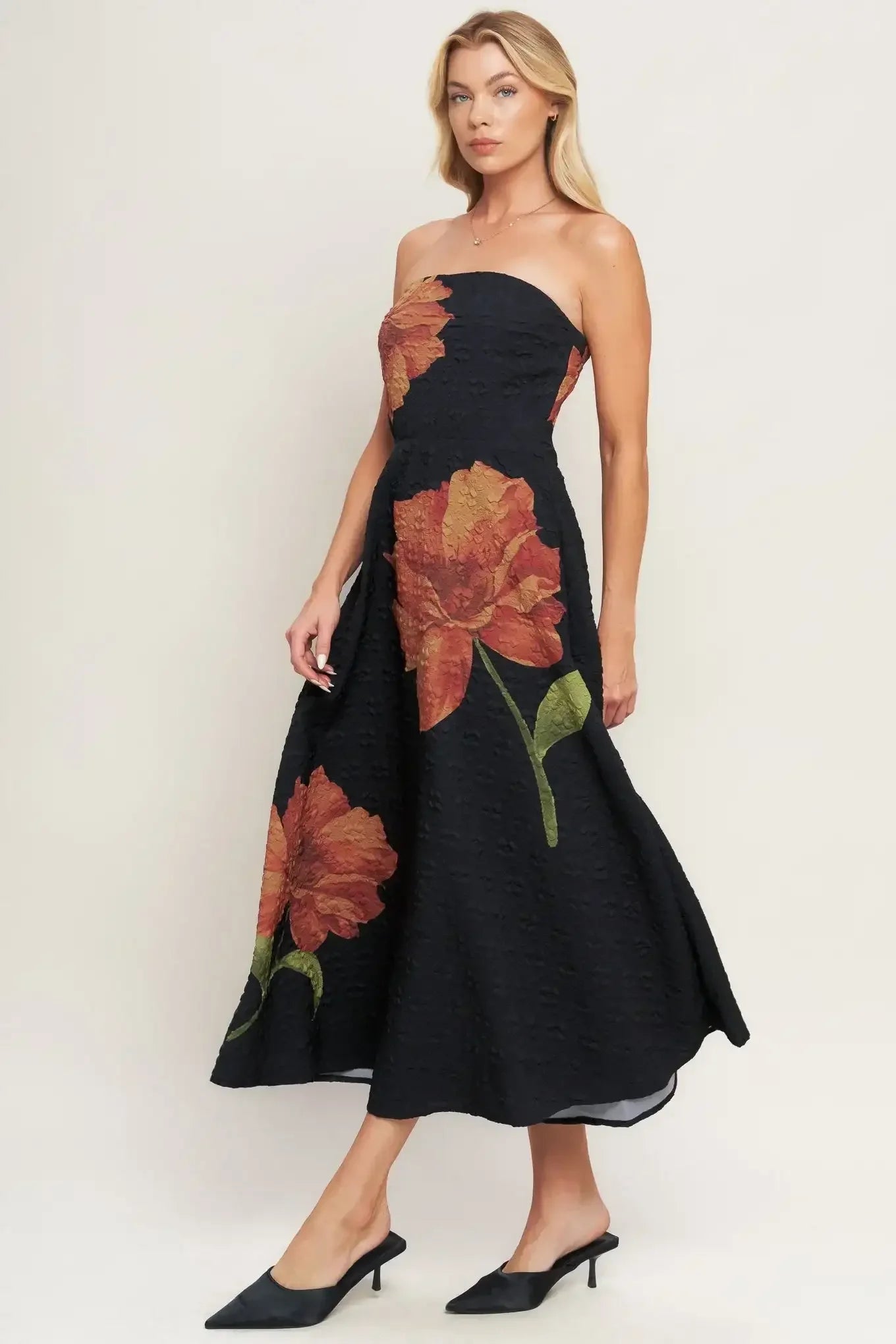 ART NOUVEAU BLOOM BLACK FLORAL MIDI DRESS