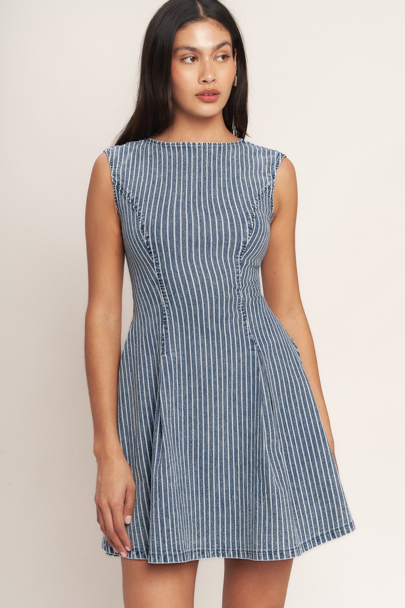 PERFECTLY PLANNED STRIPED DENIM MINI DRESS