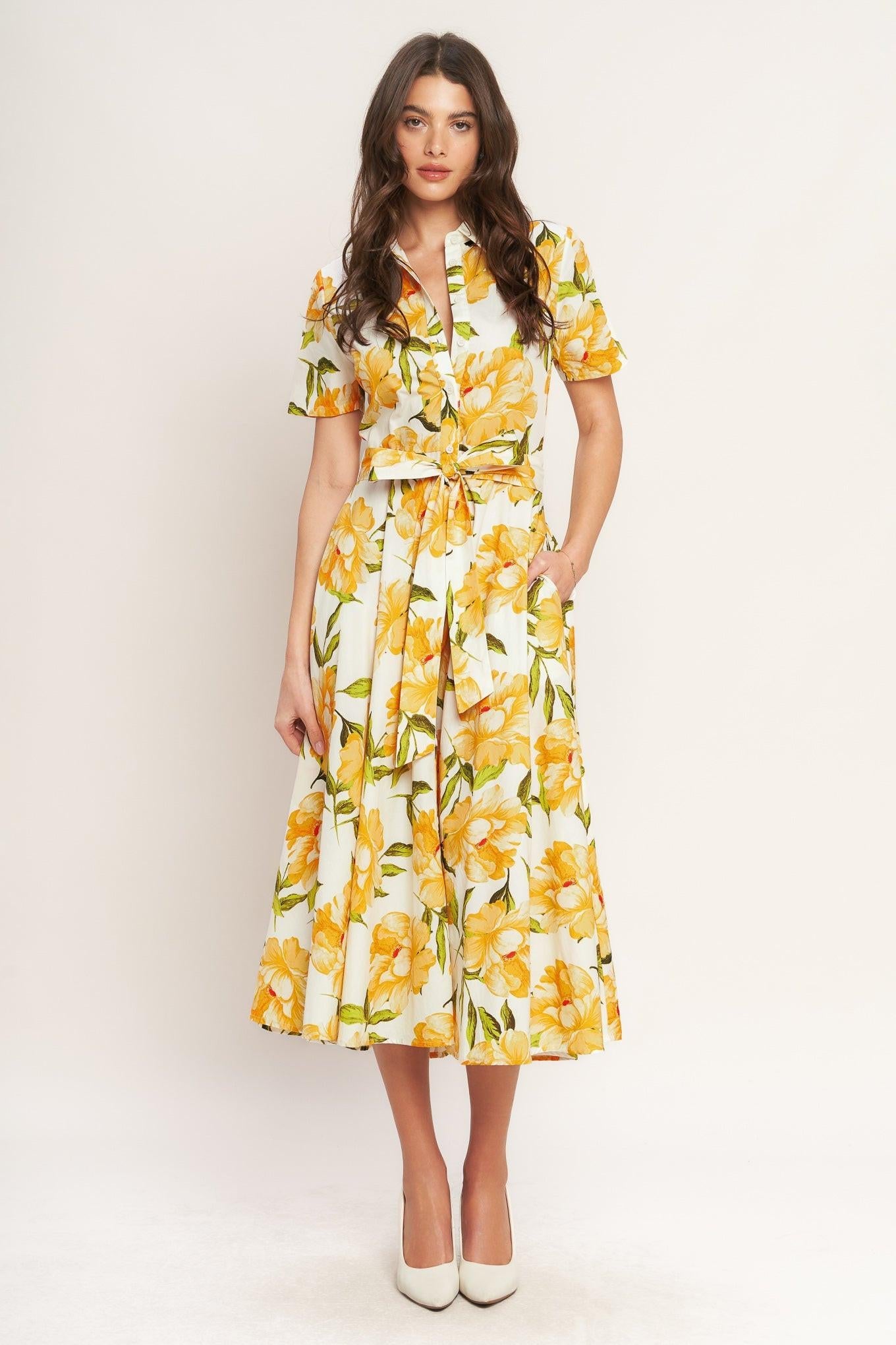 UPLIFTING PALETTE YELLOW FLORAL MIDI DRESS