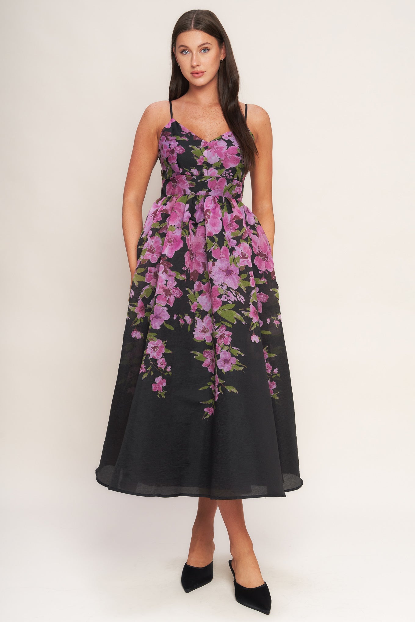 Black dress with pink floral patterns