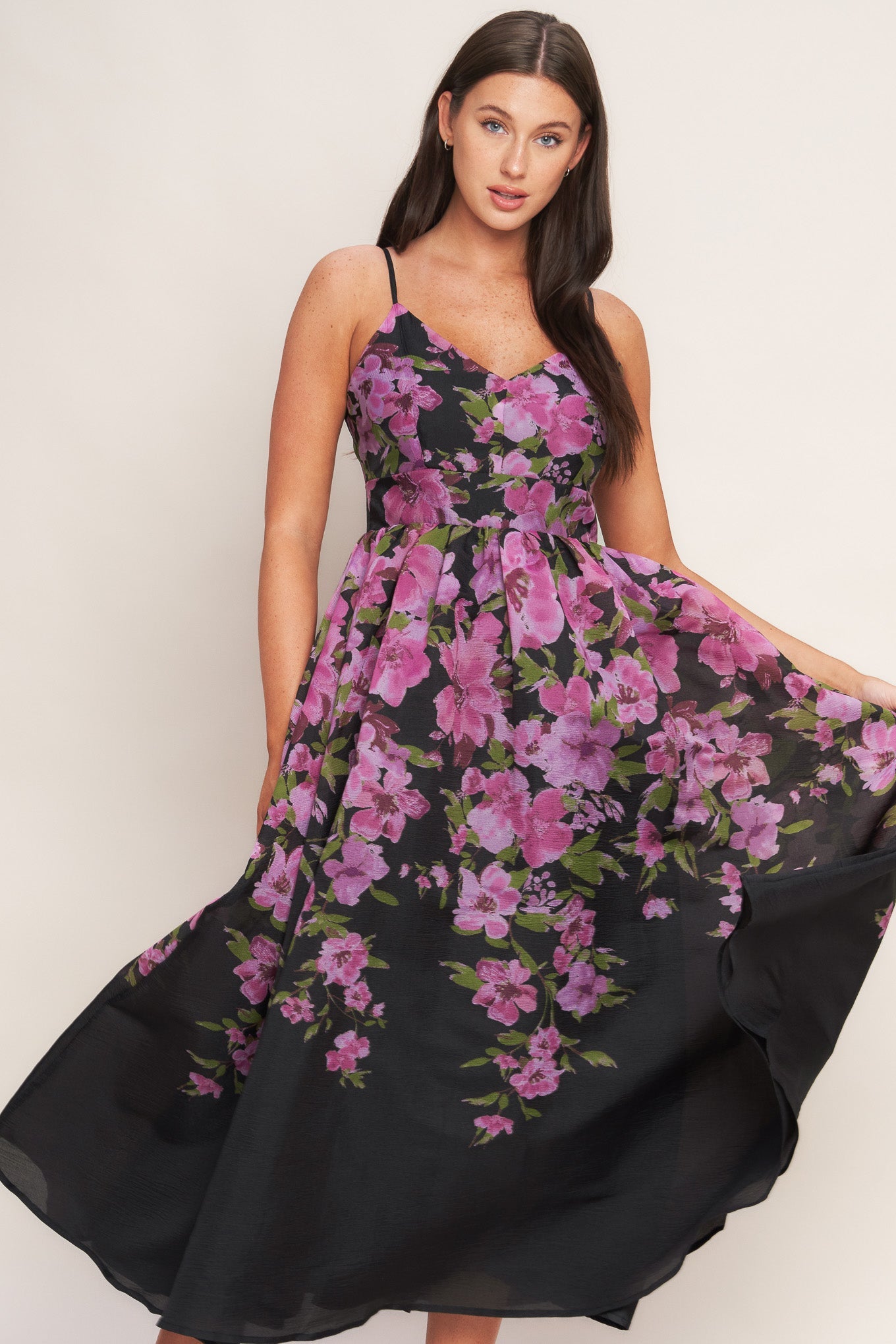 Black dress with pink floral patterns