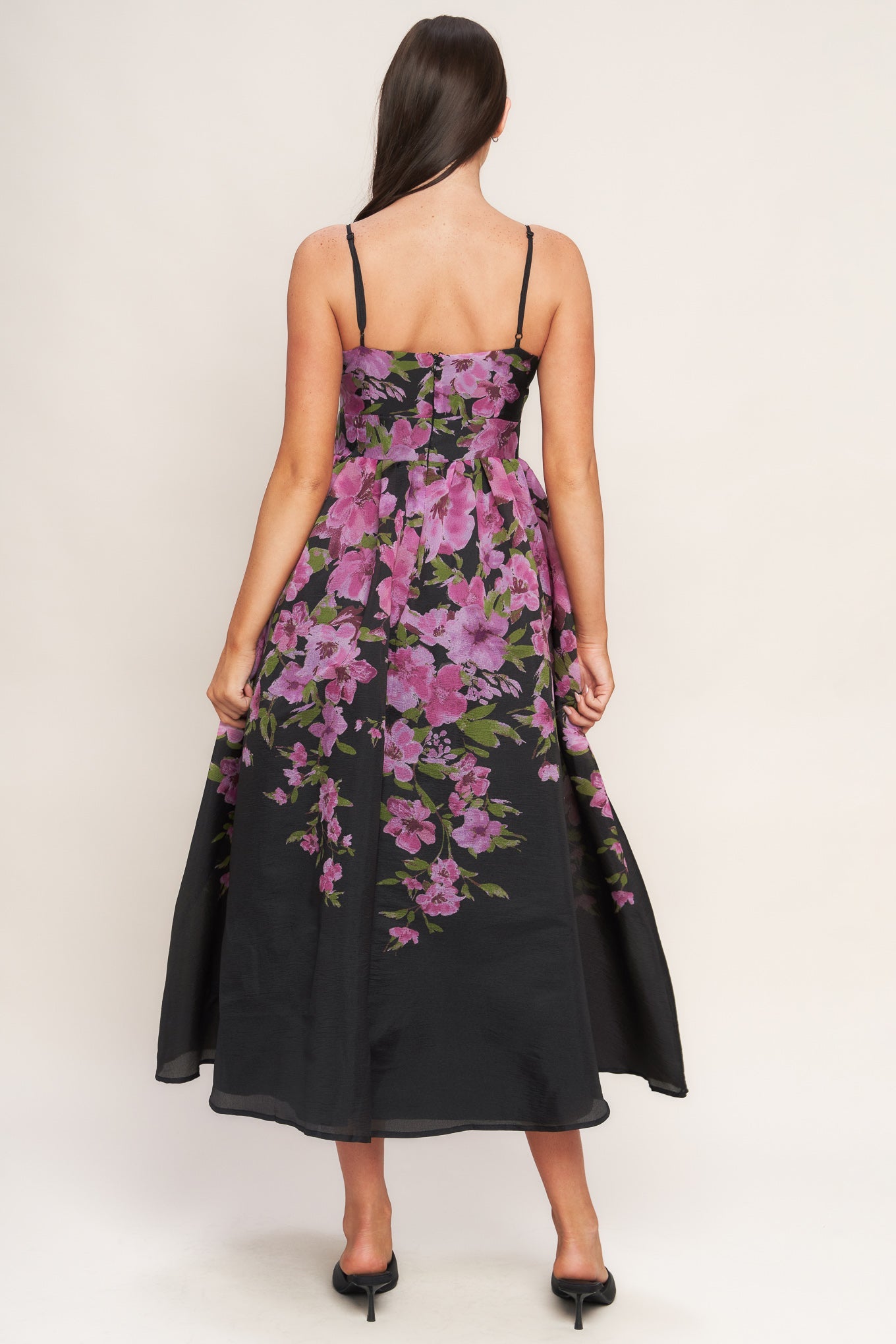 Black dress with pink floral patterns