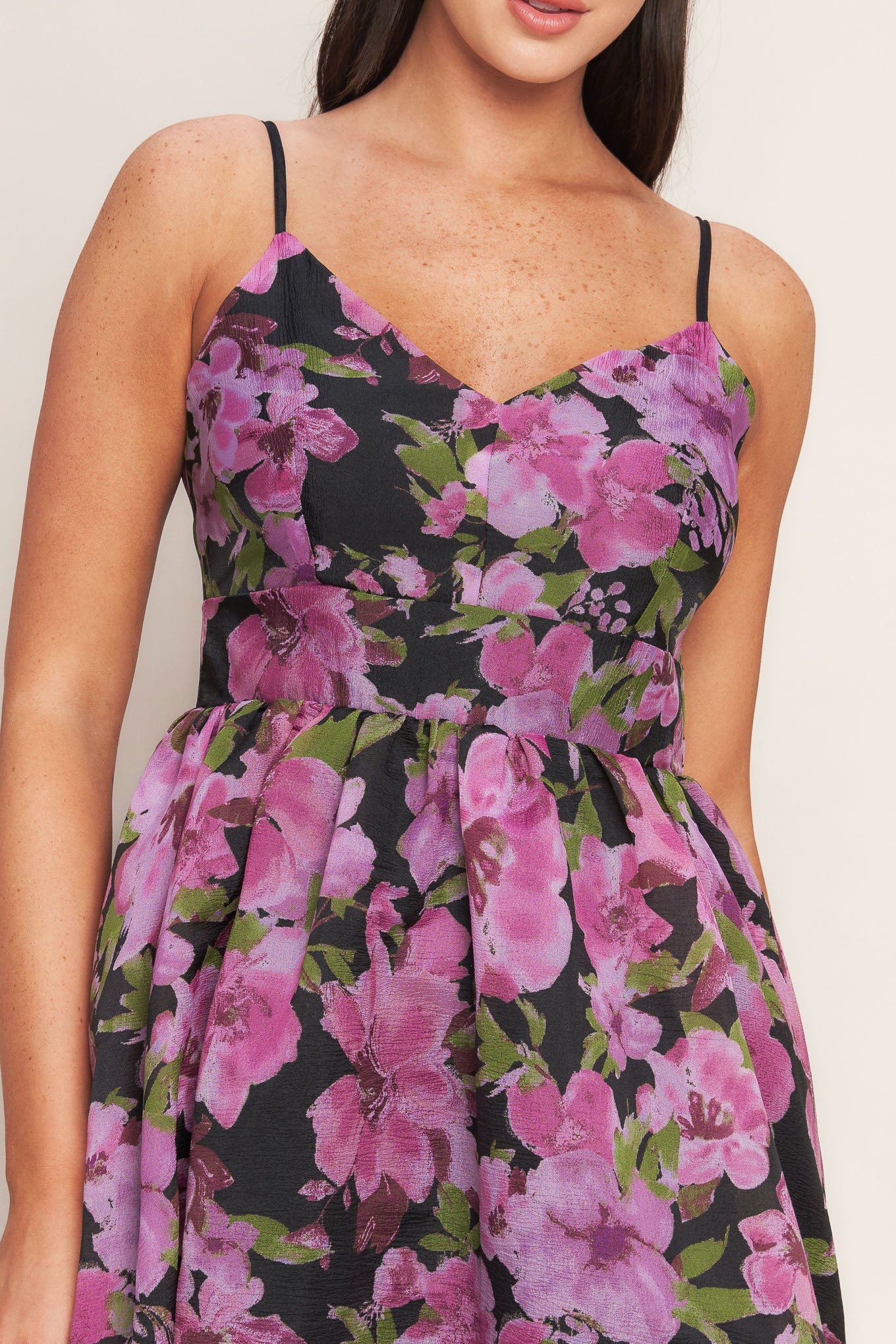 Black dress with pink floral patterns