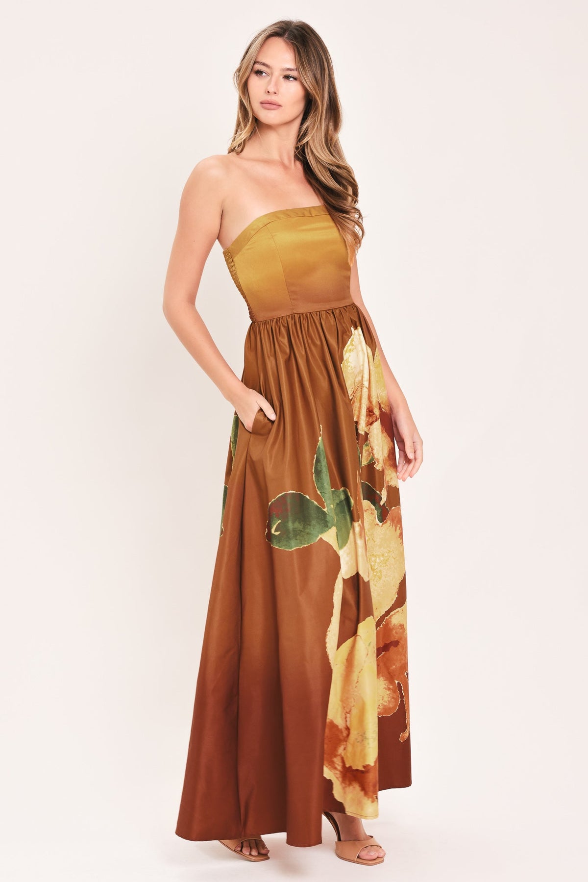 GOLDEN ROSE GLOW - STRAPLESS FLORAL PRINT MAXI DRESS - FINAL SALE