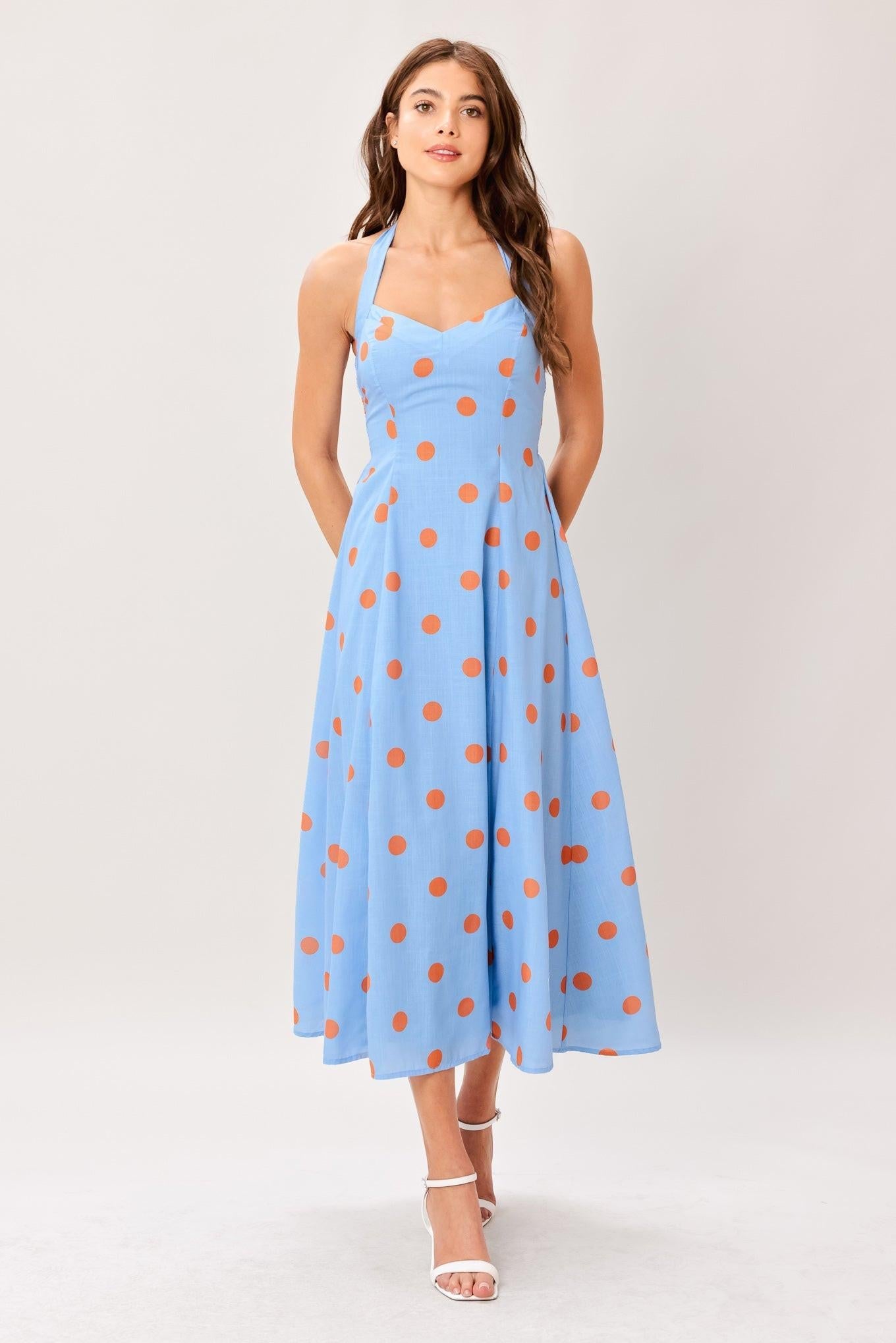 COTTON CANDY SKY DOT HALTER MIDI DRESS
