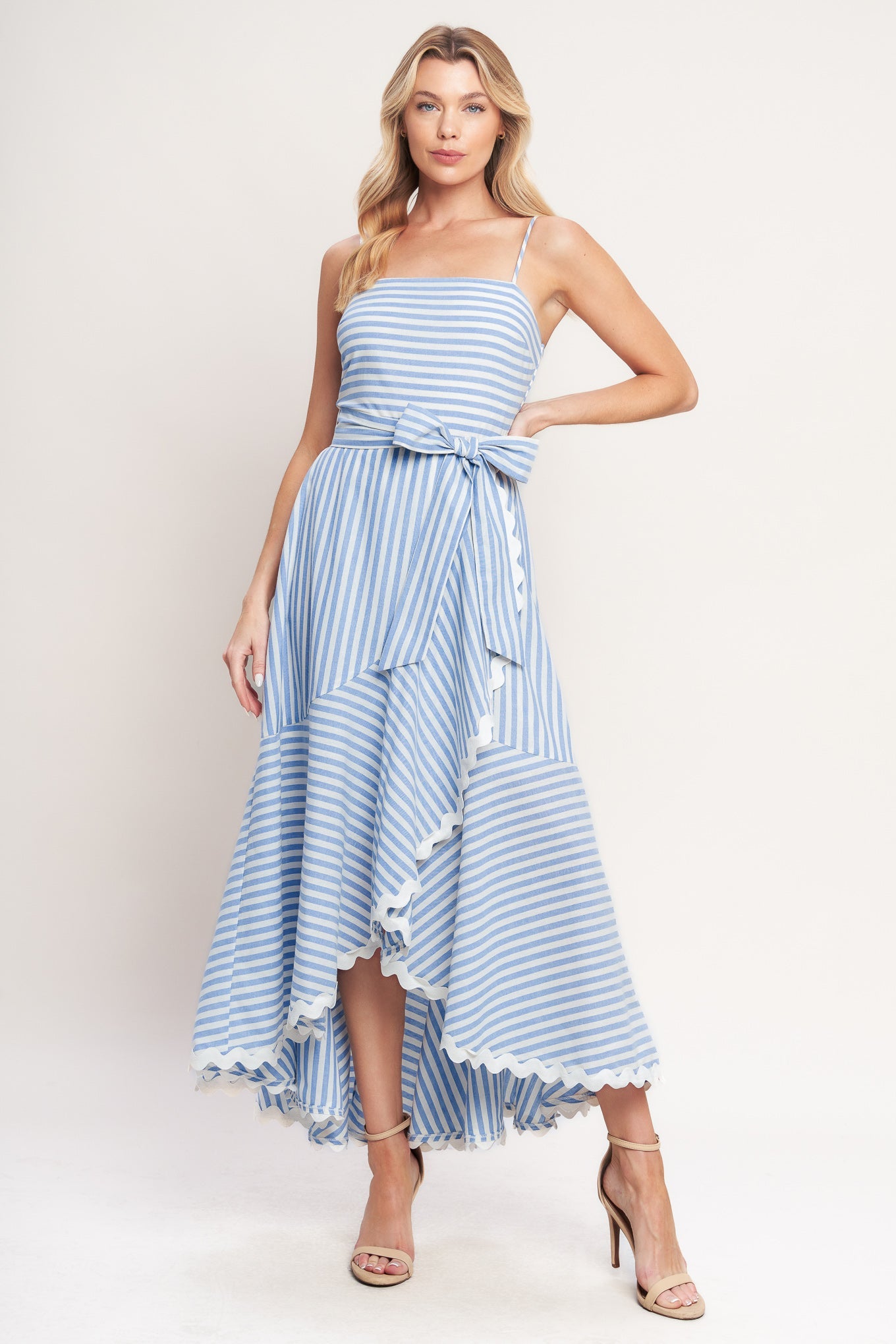 TIED TO YOU BLUE STRIPED MIDI DRESS