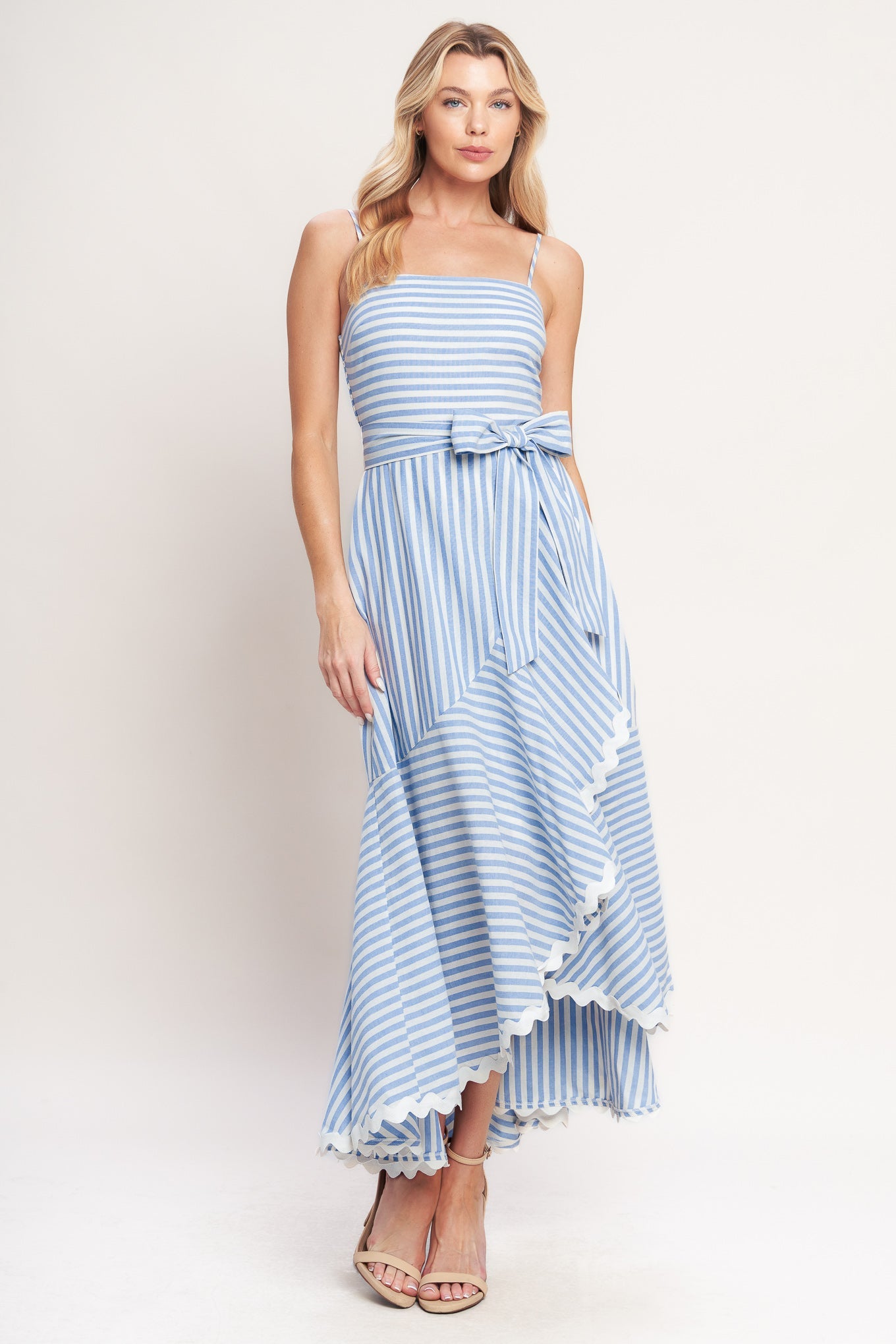 TIED TO YOU BLUE STRIPED MIDI DRESS