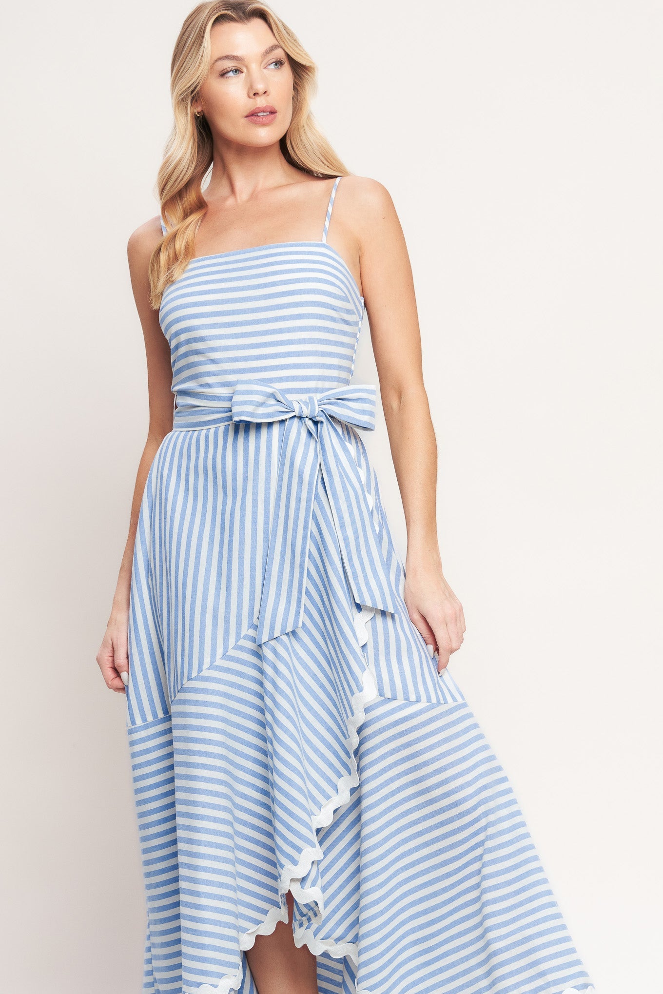 TIED TO YOU BLUE STRIPED MIDI DRESS