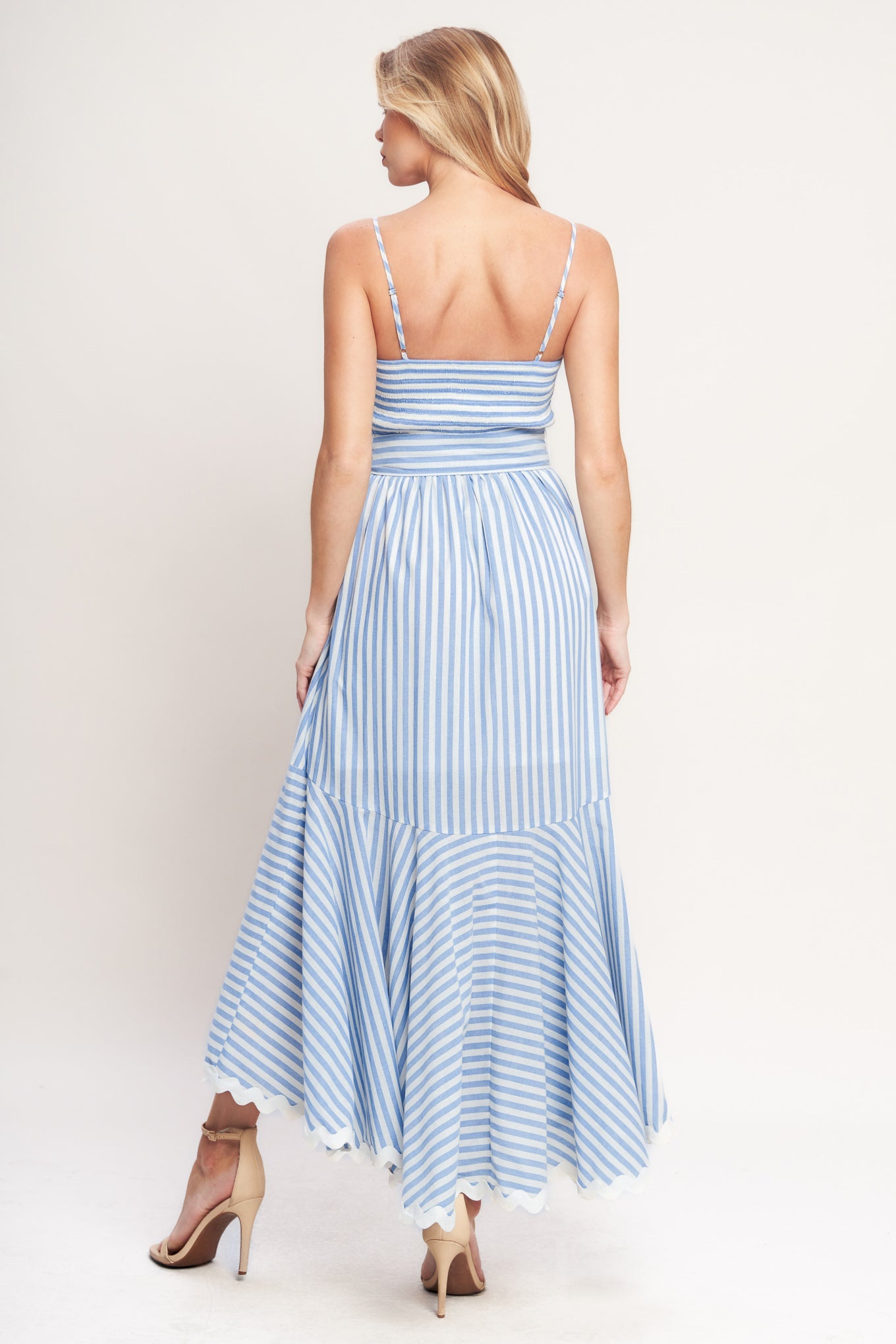 TIED TO YOU BLUE STRIPED MIDI DRESS