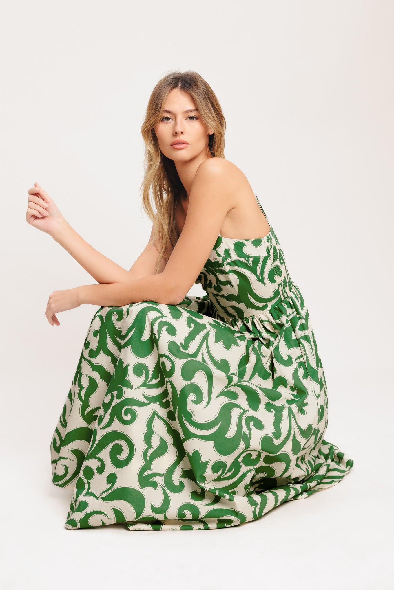 ART NOUVEAU FLORAL GREEN MIDI DRESS