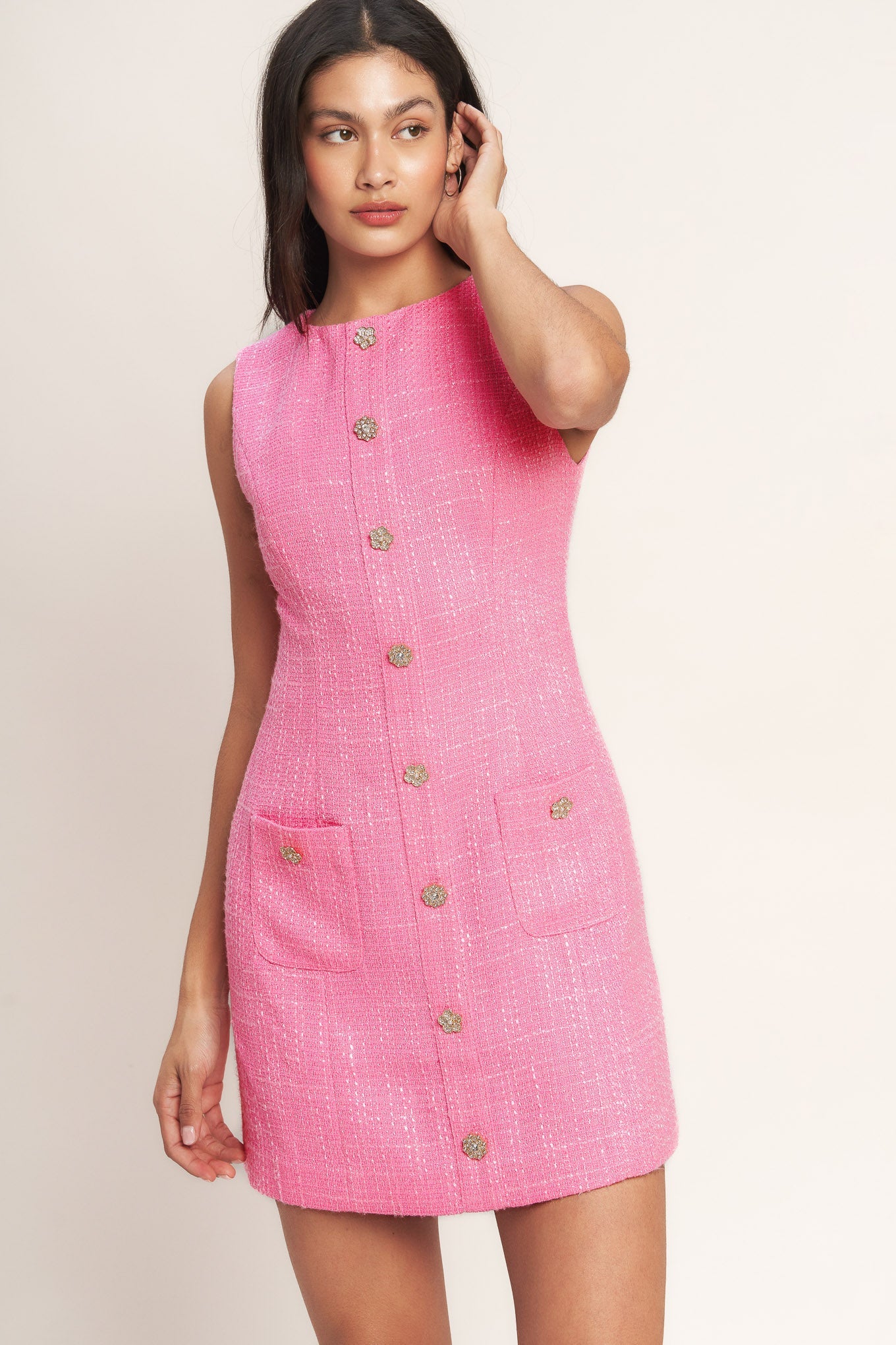 MAIN CHARACTER MOMENT PINK TWEED MINI DRESS