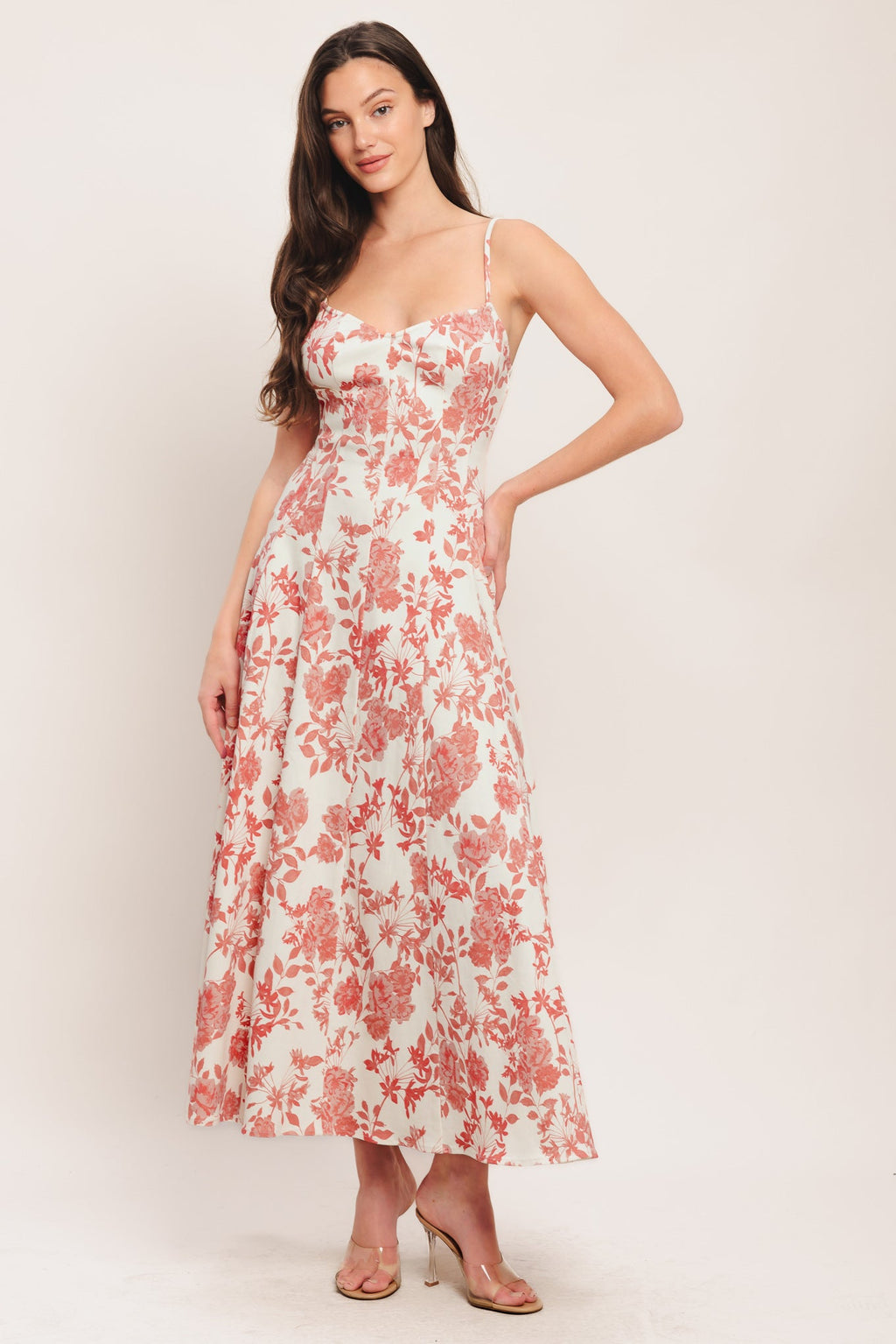 coral midi dress FLORAL HAZE CORAL MIDI DRESS