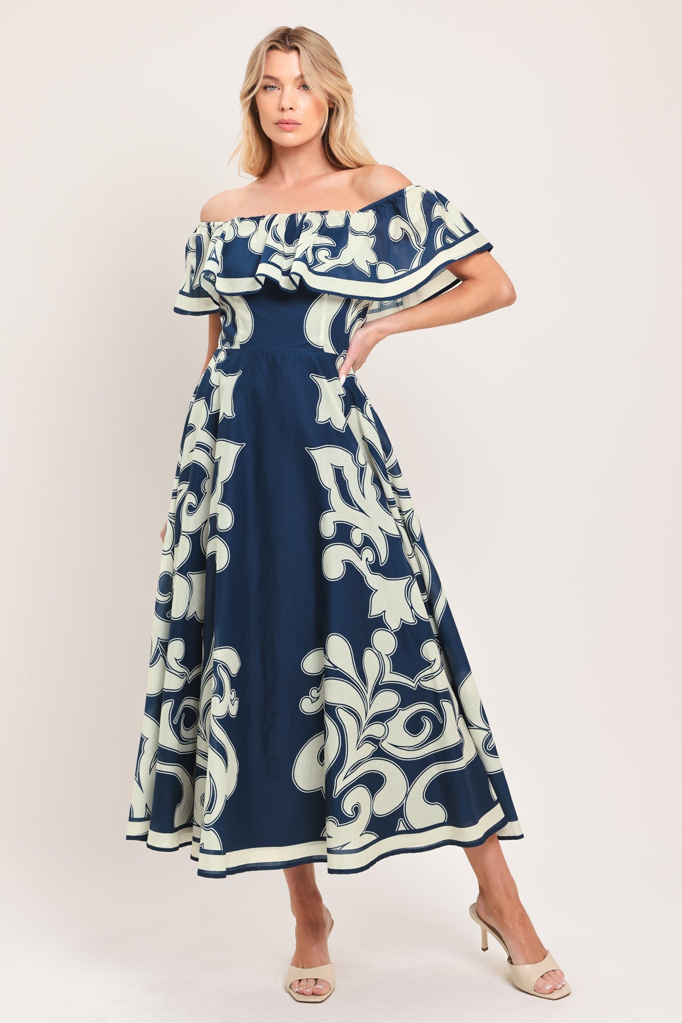 BLUE MAJOLICA - OFF SHOULDER FLOUNCE MIDI DRESS
