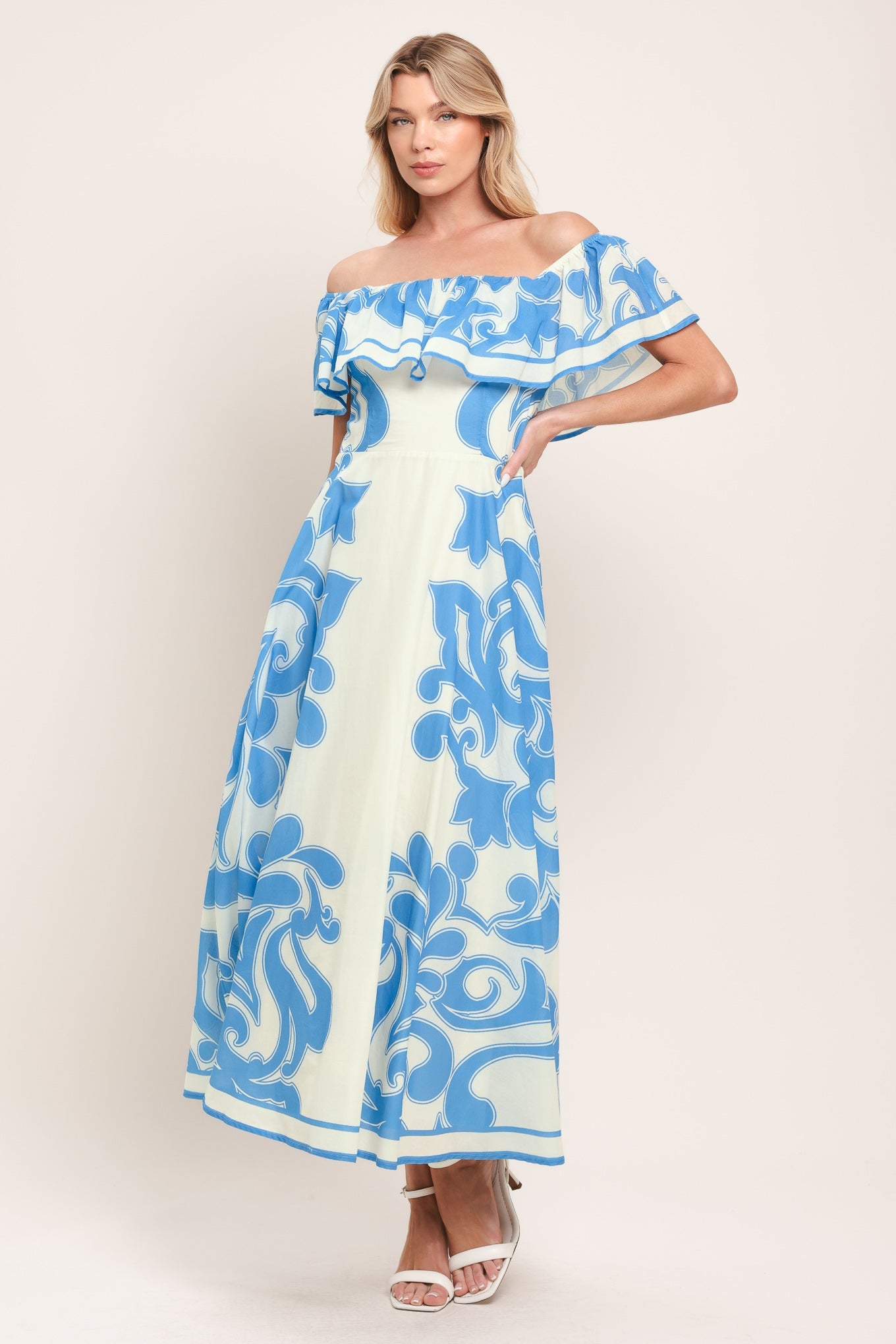 BLUE MAJOLICA - OFF SHOULDER FLOUNCE MIDI DRESS