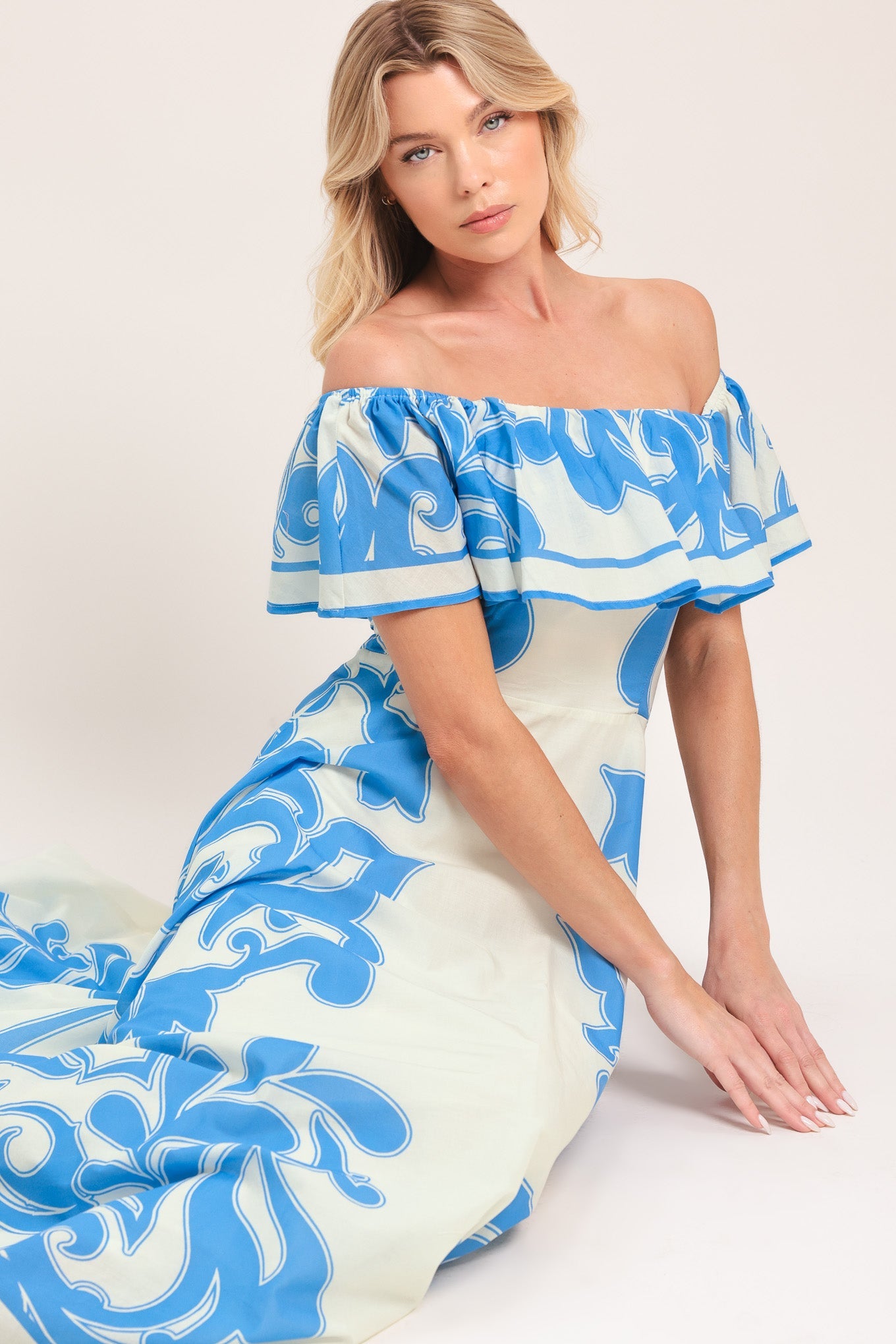 BLUE MAJOLICA - OFF SHOULDER FLOUNCE MIDI DRESS