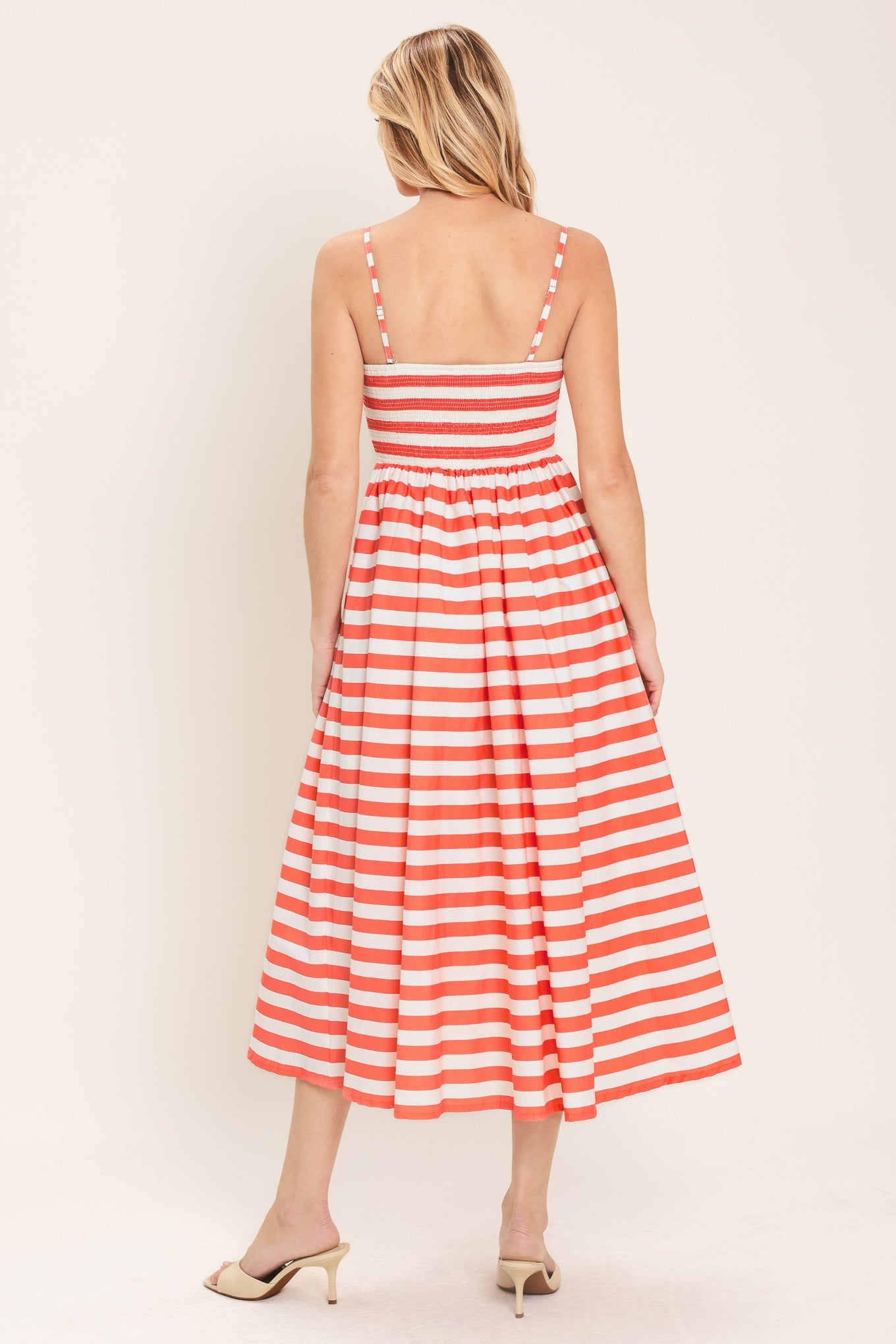 BOARDWALK STRIPE - CORAL & WHITE MIDI DRESS