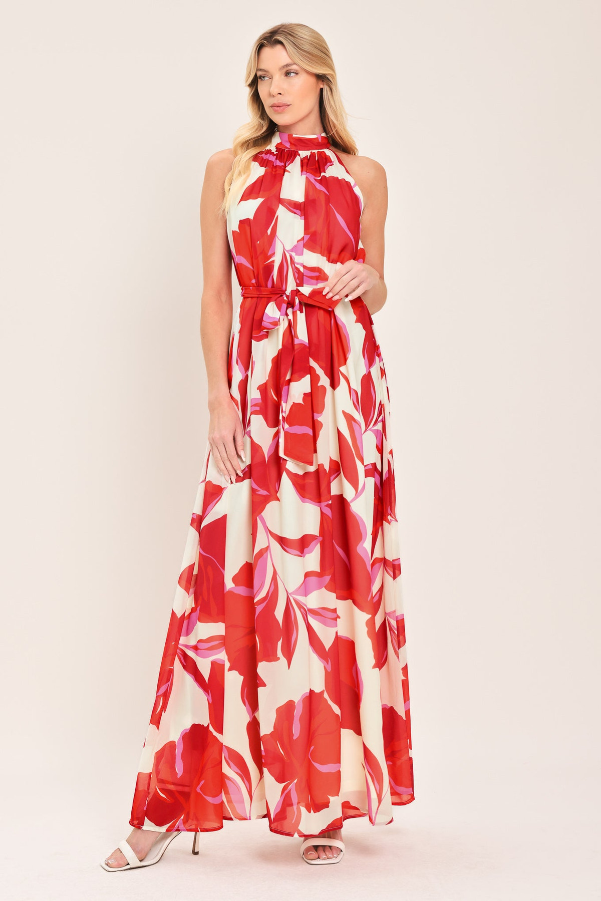 Red Floral Halter Sash Tie Maxi Dress in Red, front view | Lady Black Tie