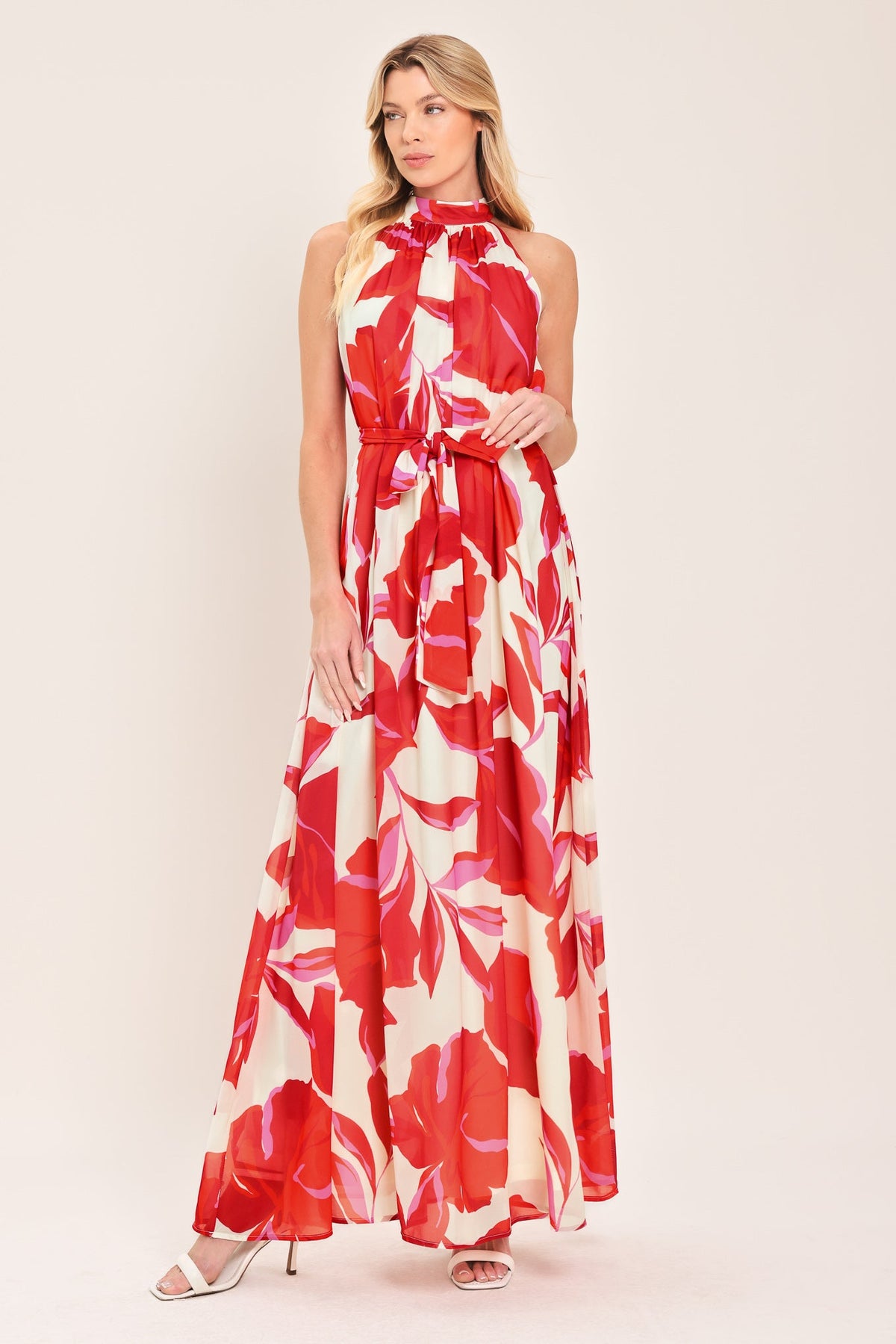 Red Floral Halter Sash Tie Maxi Dress in Red, front view | Lady Black Tie