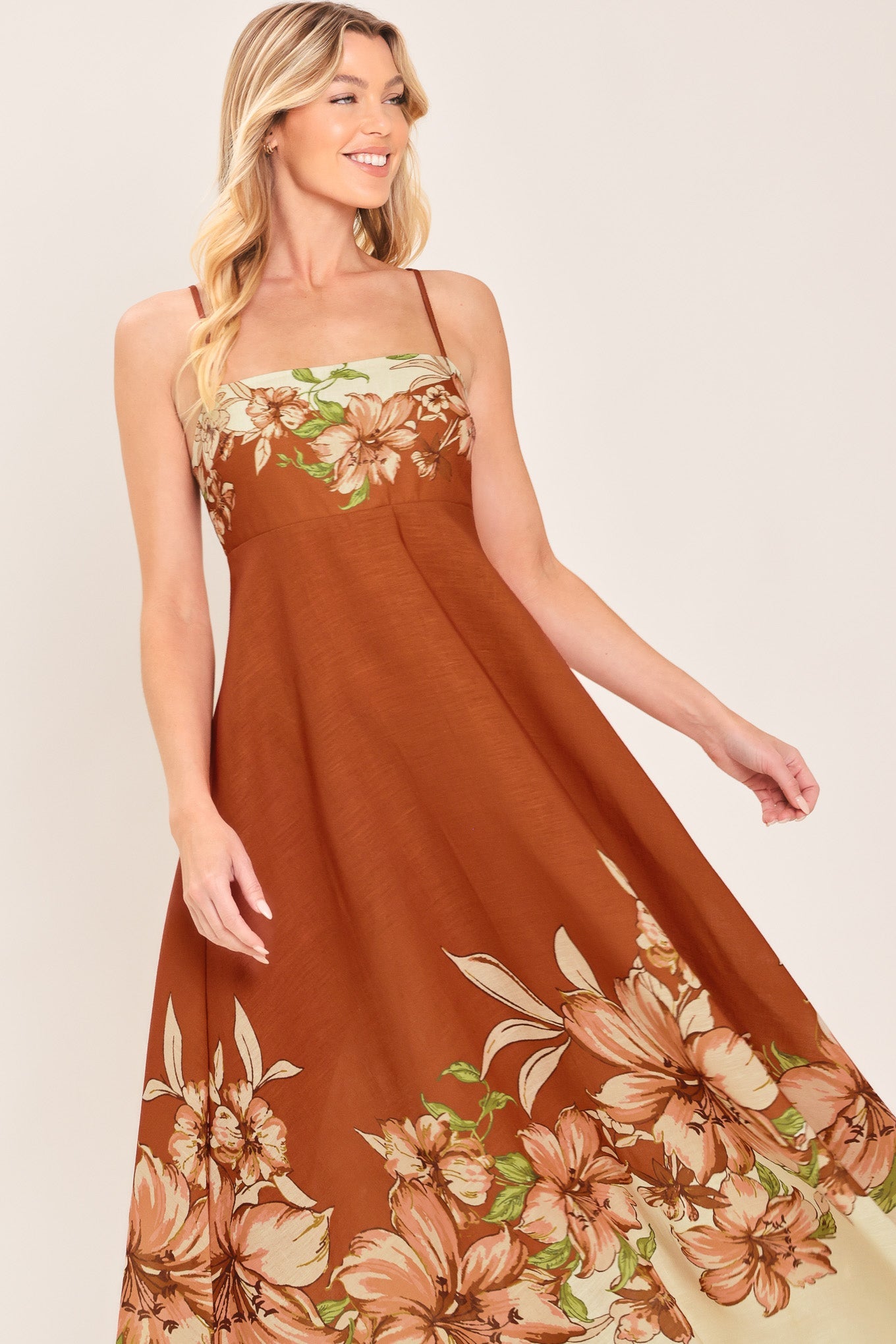 AUTUMN HARVEST PETALS - TERRACOTTA FLORAL MIDI DRESS