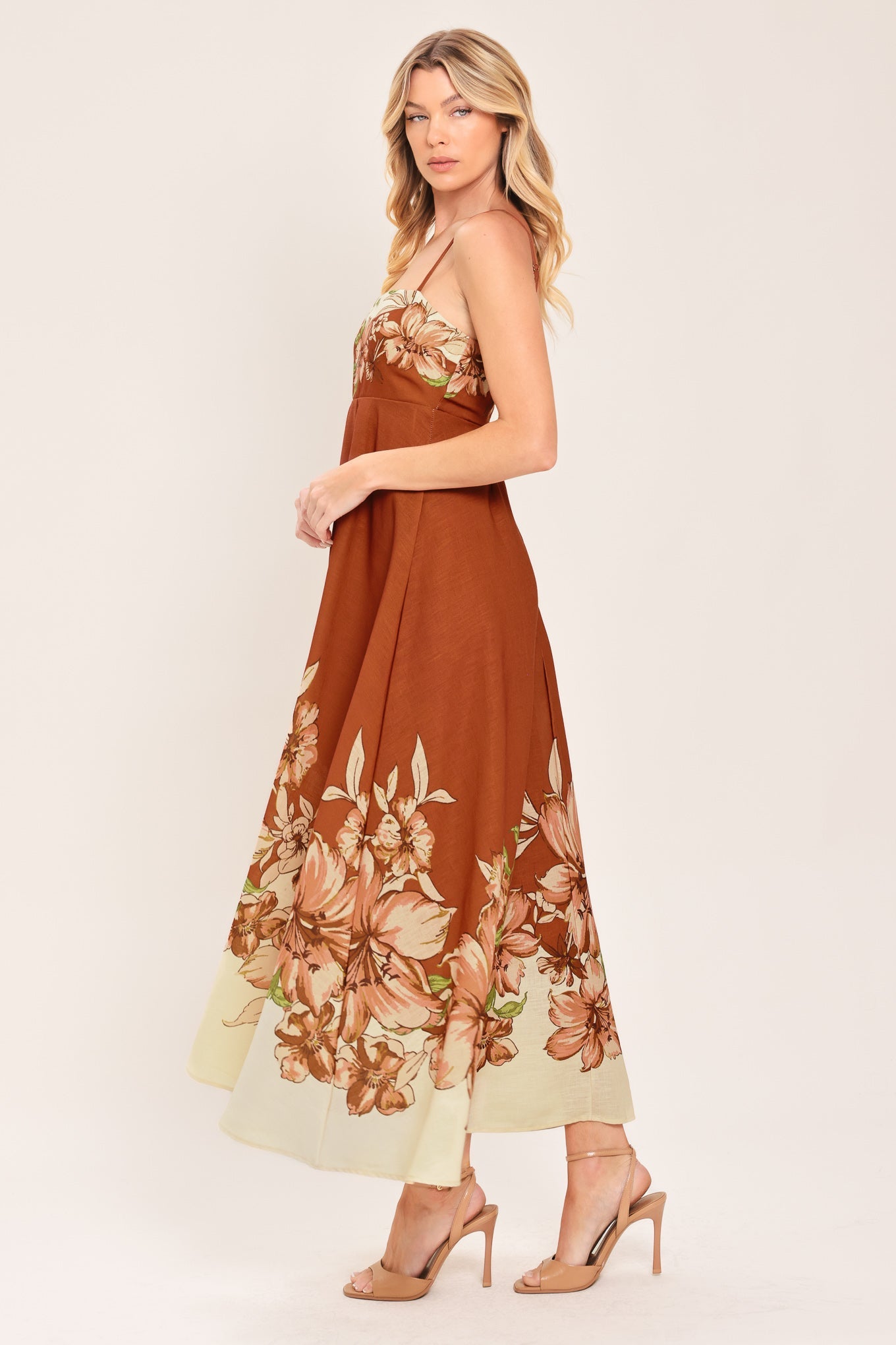 AUTUMN HARVEST PETALS - TERRACOTTA FLORAL MIDI DRESS