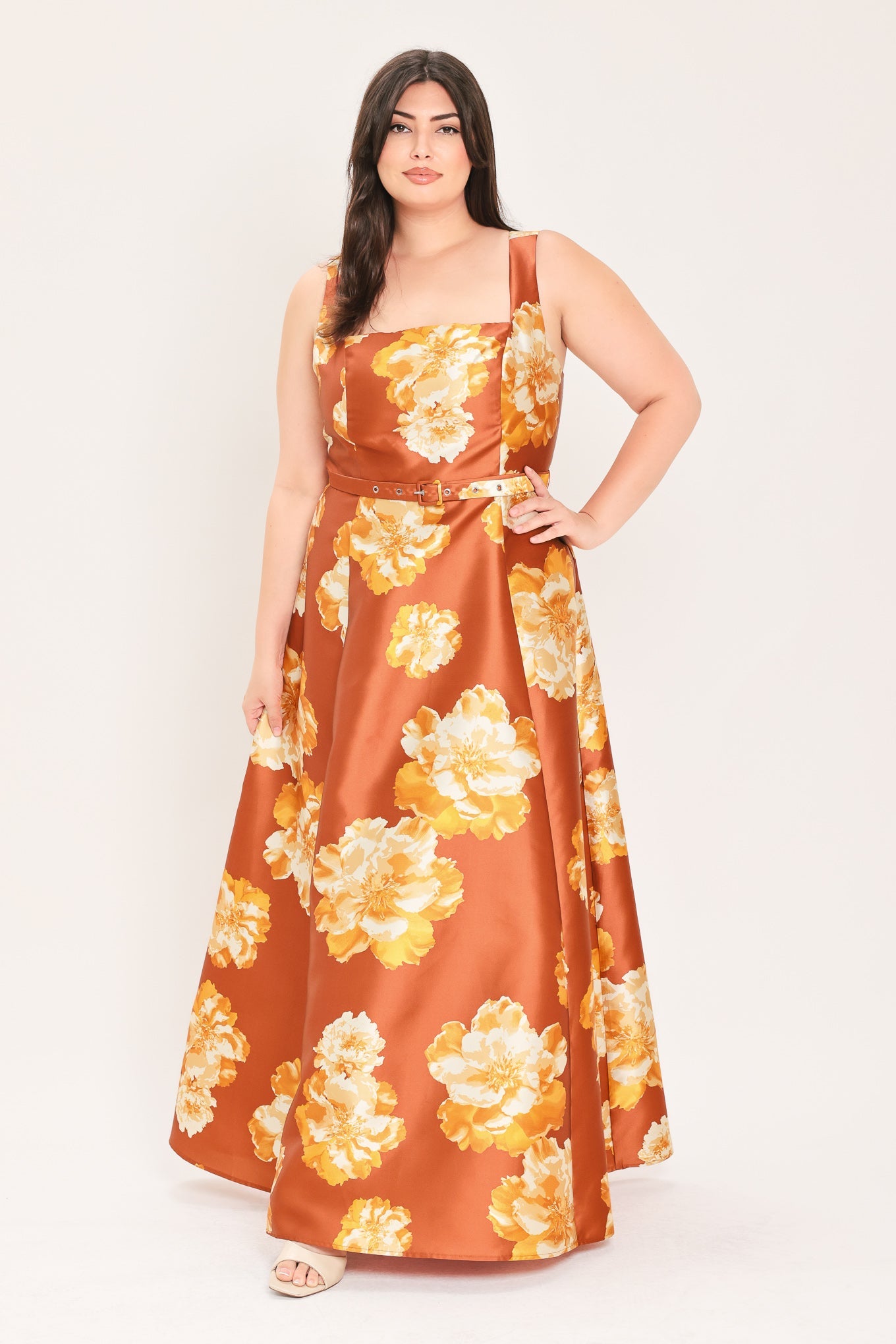 FIRESIDE FLORAL REVERIE RUST MAXI DRESS