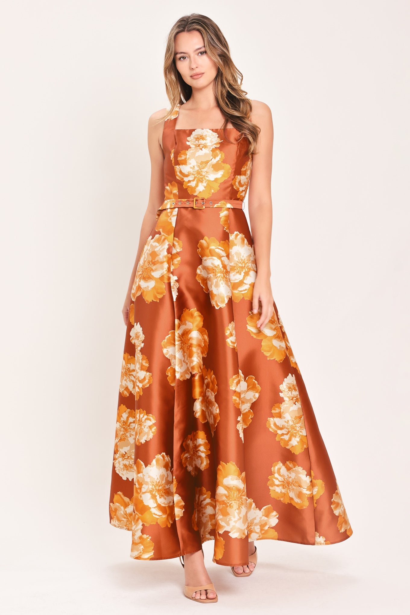 FIRESIDE FLORAL REVERIE RUST MAXI DRESS