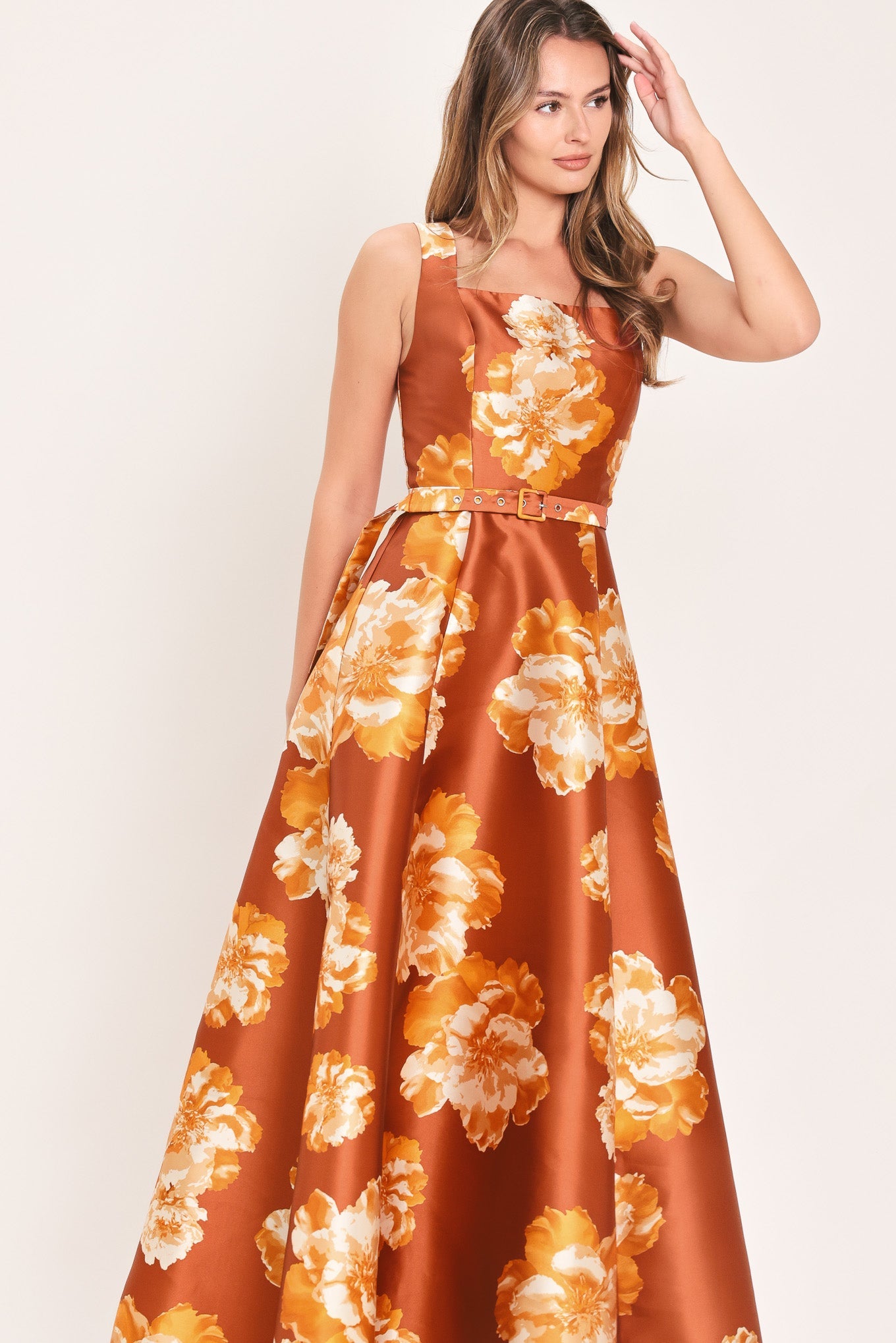 FIRESIDE FLORAL REVERIE RUST MAXI DRESS