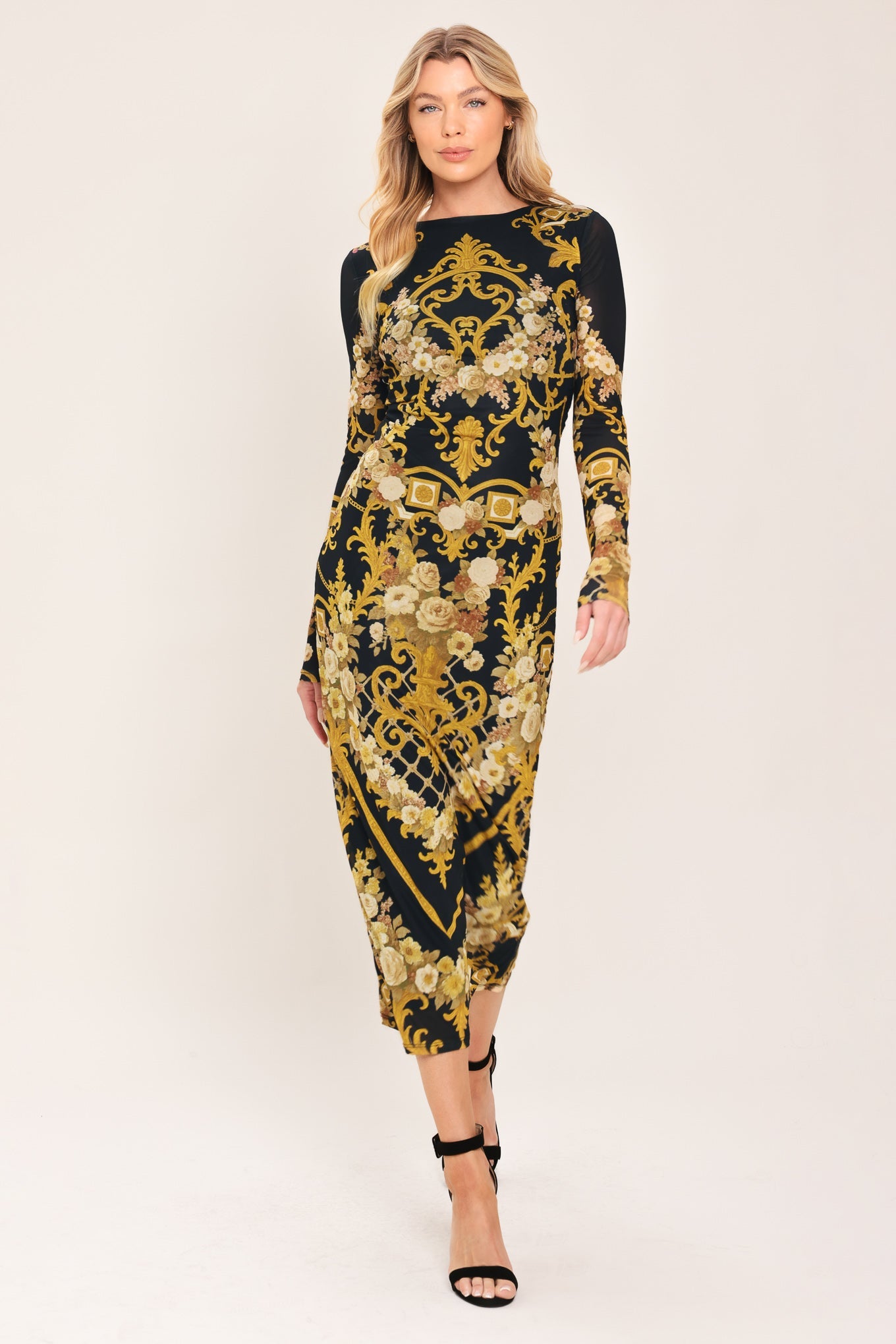BAROQUE ROSES - LONG SLEEVE POWER MESH MIDI DRESS