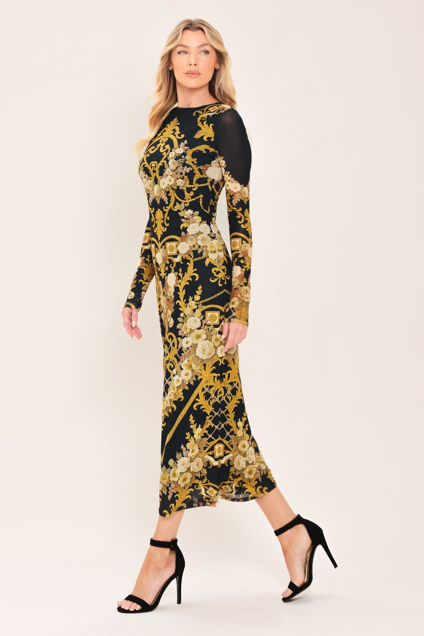 BAROQUE ROSES - LONG SLEEVE POWER MESH MIDI DRESS