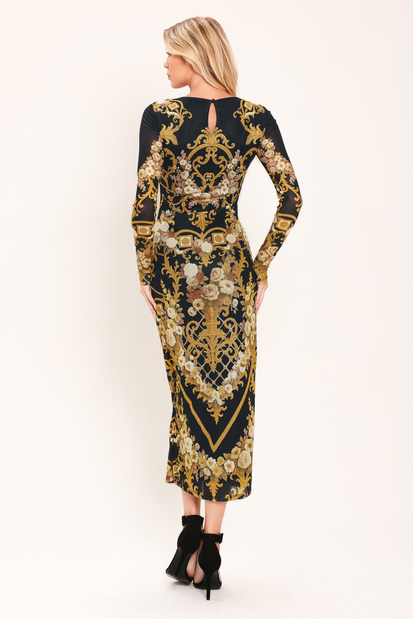 BAROQUE ROSES - LONG SLEEVE POWER MESH MIDI DRESS