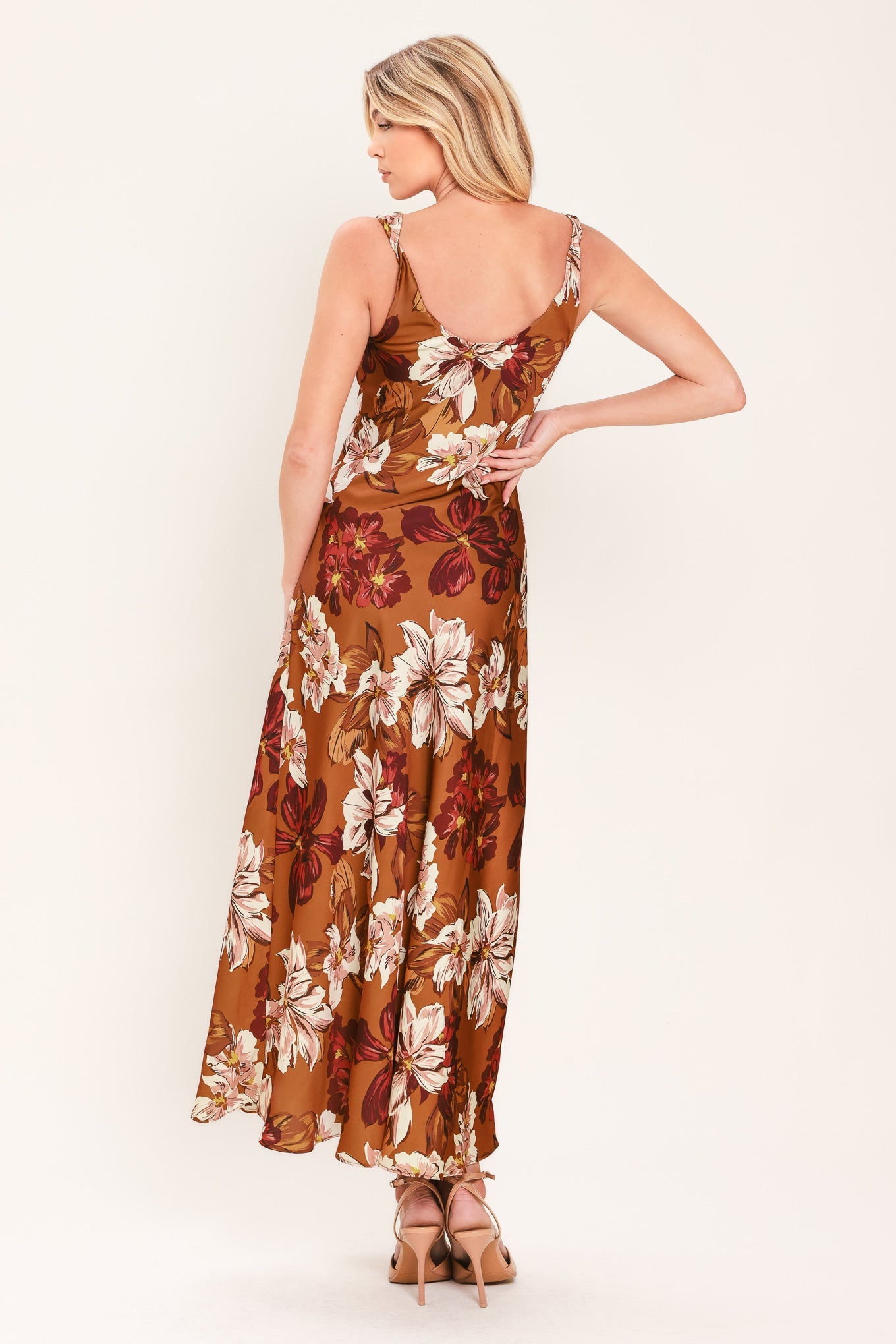 CARAMEL SPICE - FLORAL COWL MIDI DRESS