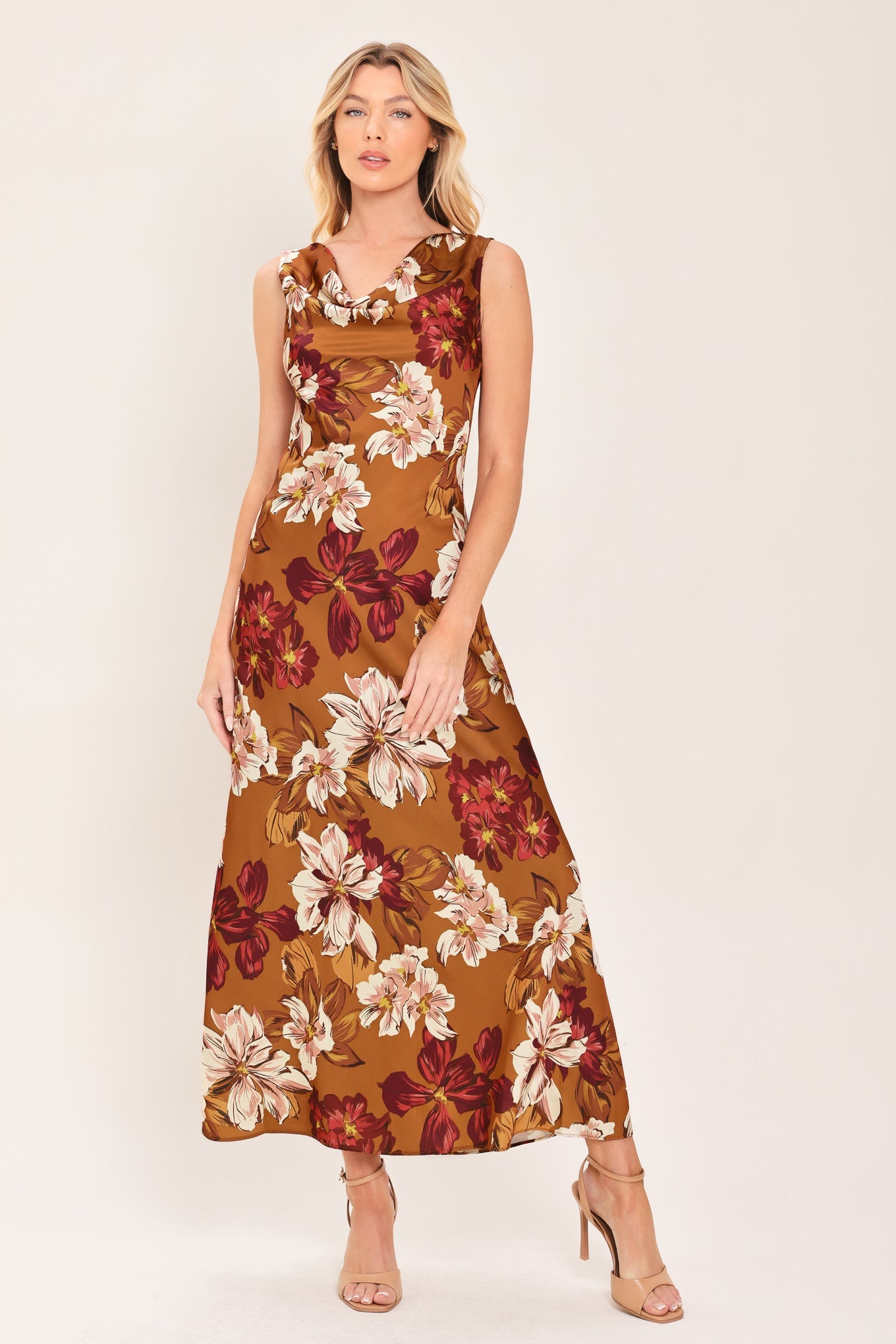 CARAMEL SPICE - FLORAL COWL MIDI DRESS