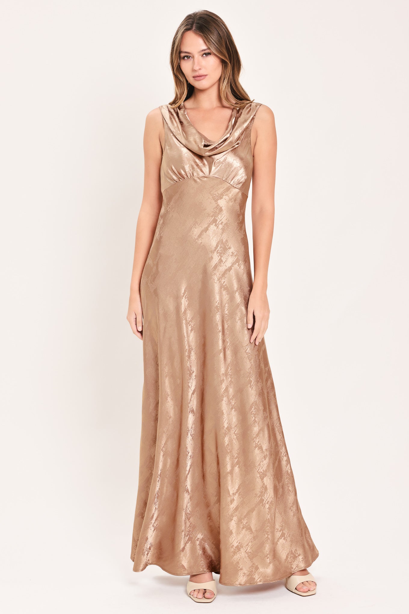 CHAMPAGNE KISS - DRAPED COWL METALLIC MAXI DRESS