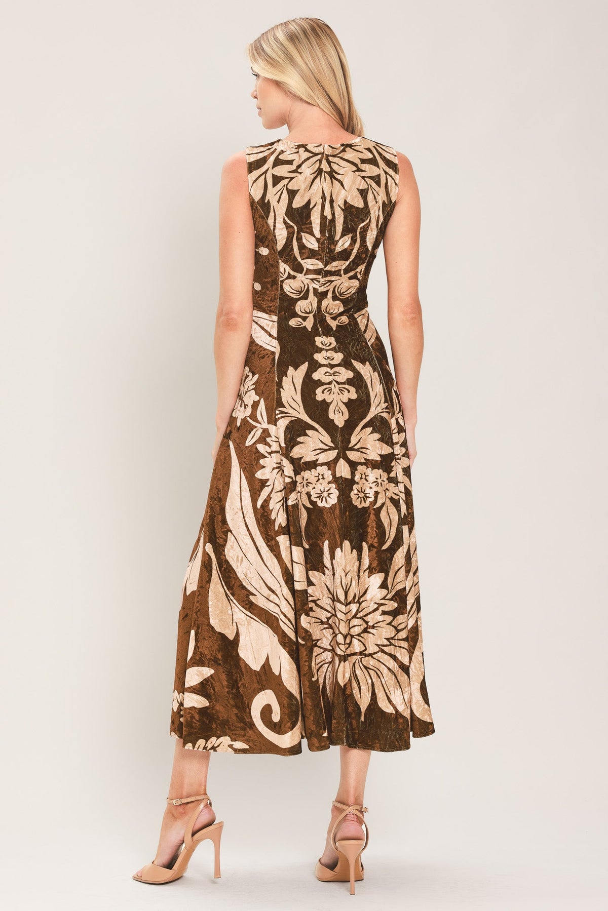Brown Floral Print Velvet Midi Dress in Brown, back view | Lady Black Tie