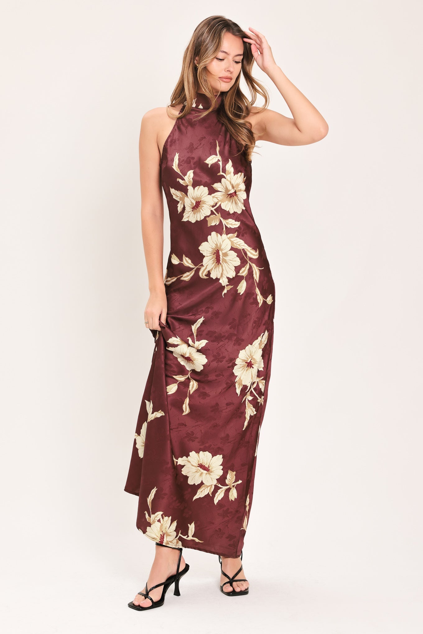 BORDEAUX IVORY BLOOM BURGUNDY MAXI DRESS