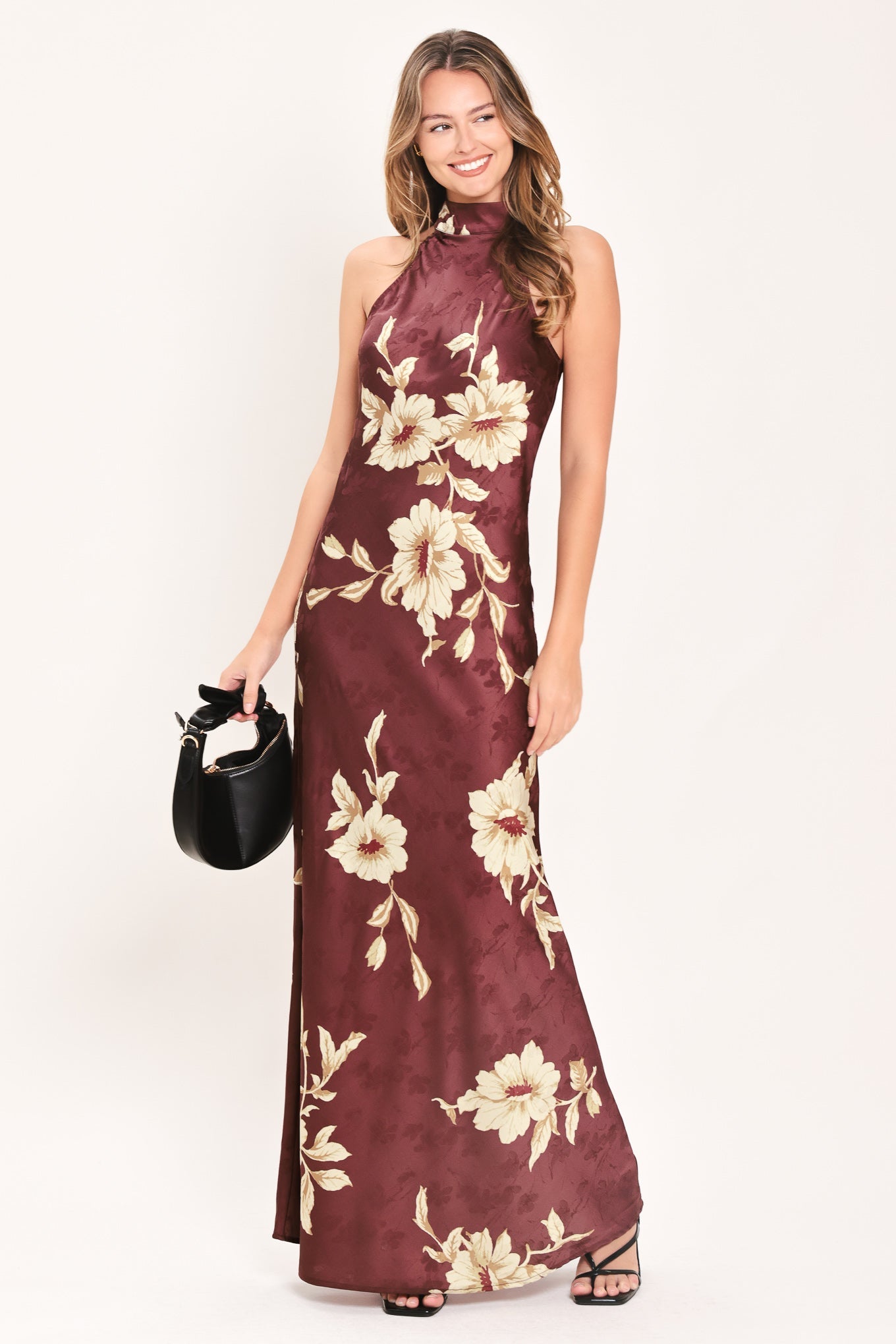 BORDEAUX IVORY BLOOM BURGUNDY MAXI DRESS