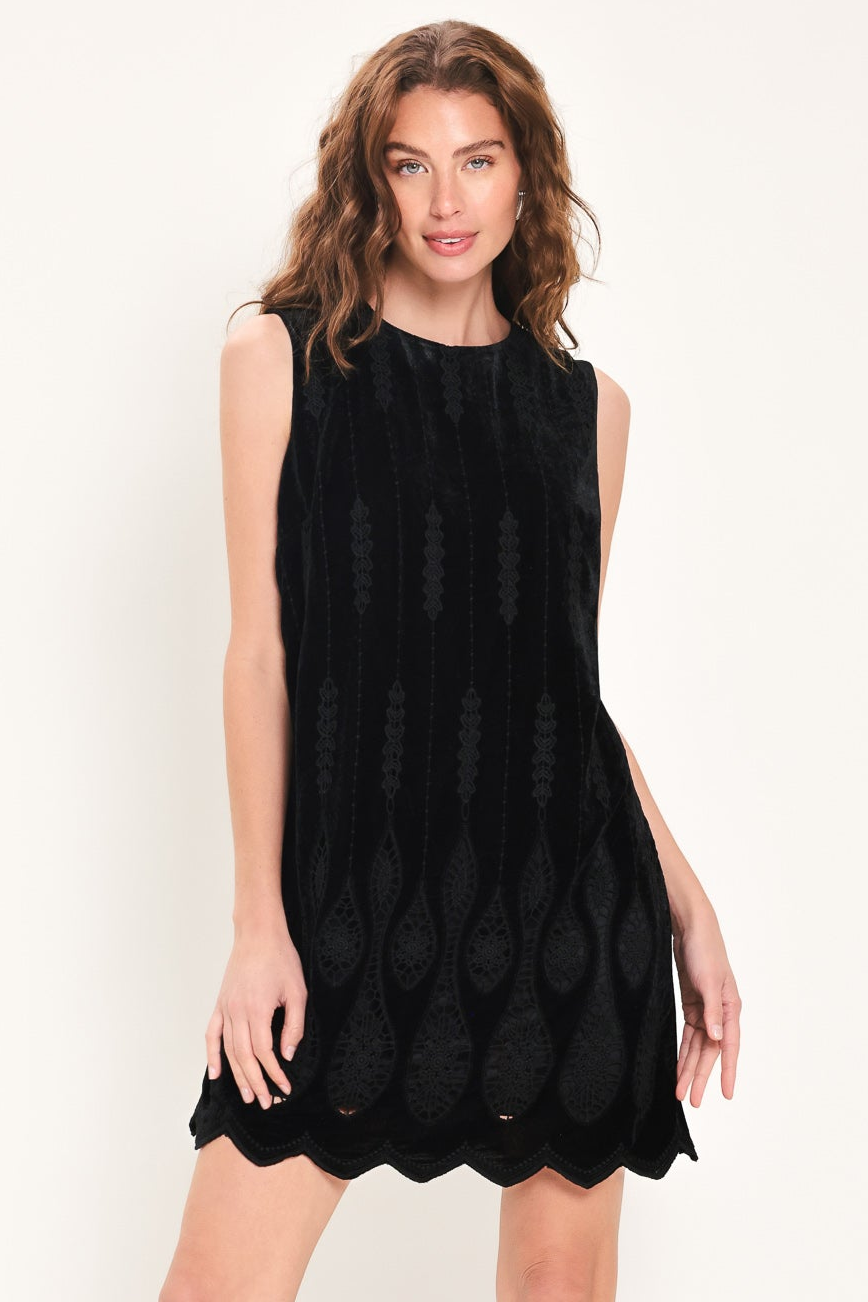 VELVET NOIR BLACK TEXTURED SLEEVELESS MINI DRESS