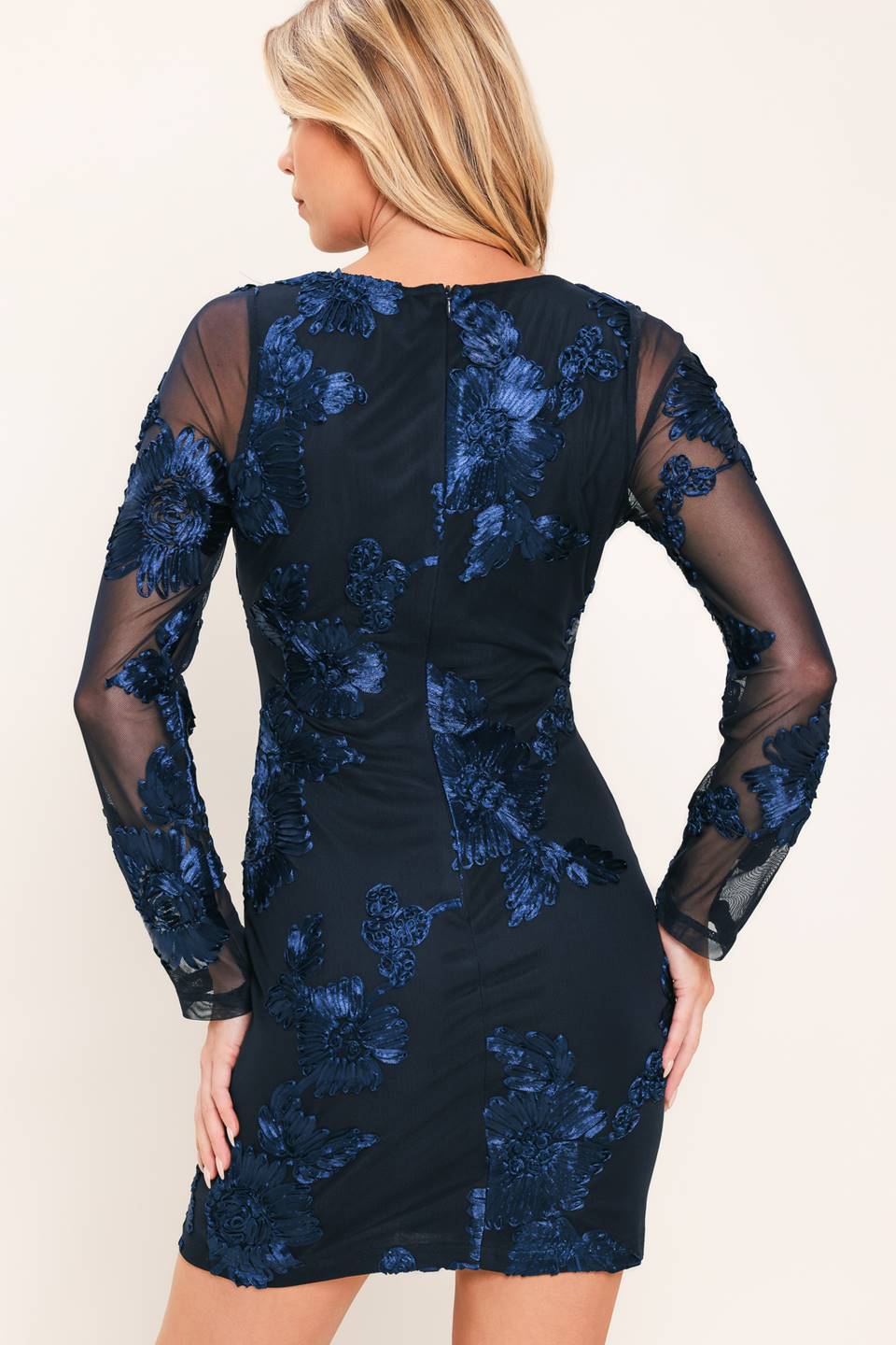 Sapphire Serenade - Long Sleeve Floral Mini Dress