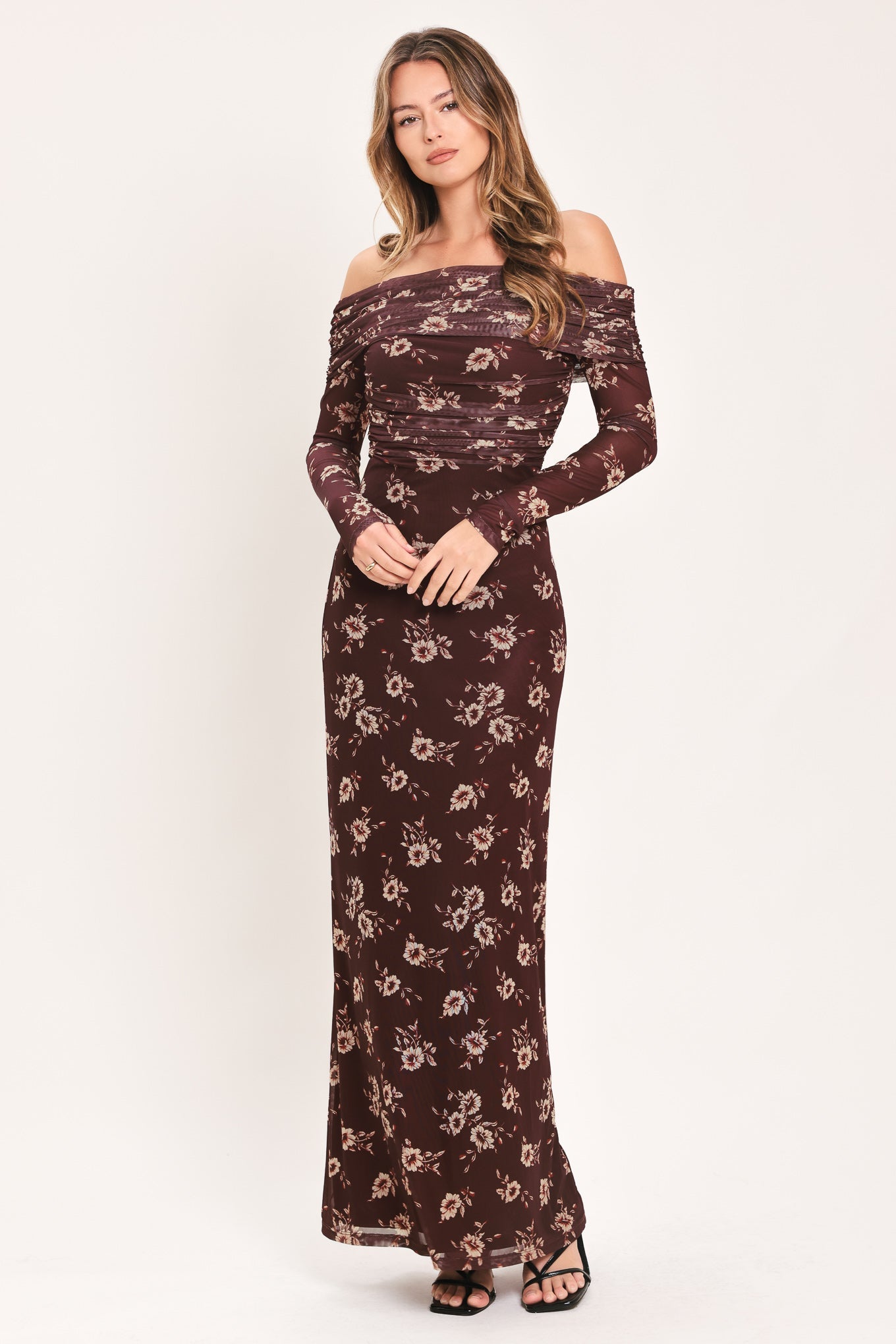 BURGUNDY FLORAL OFF SHOULDER POWER MESH MAXI DRESS
