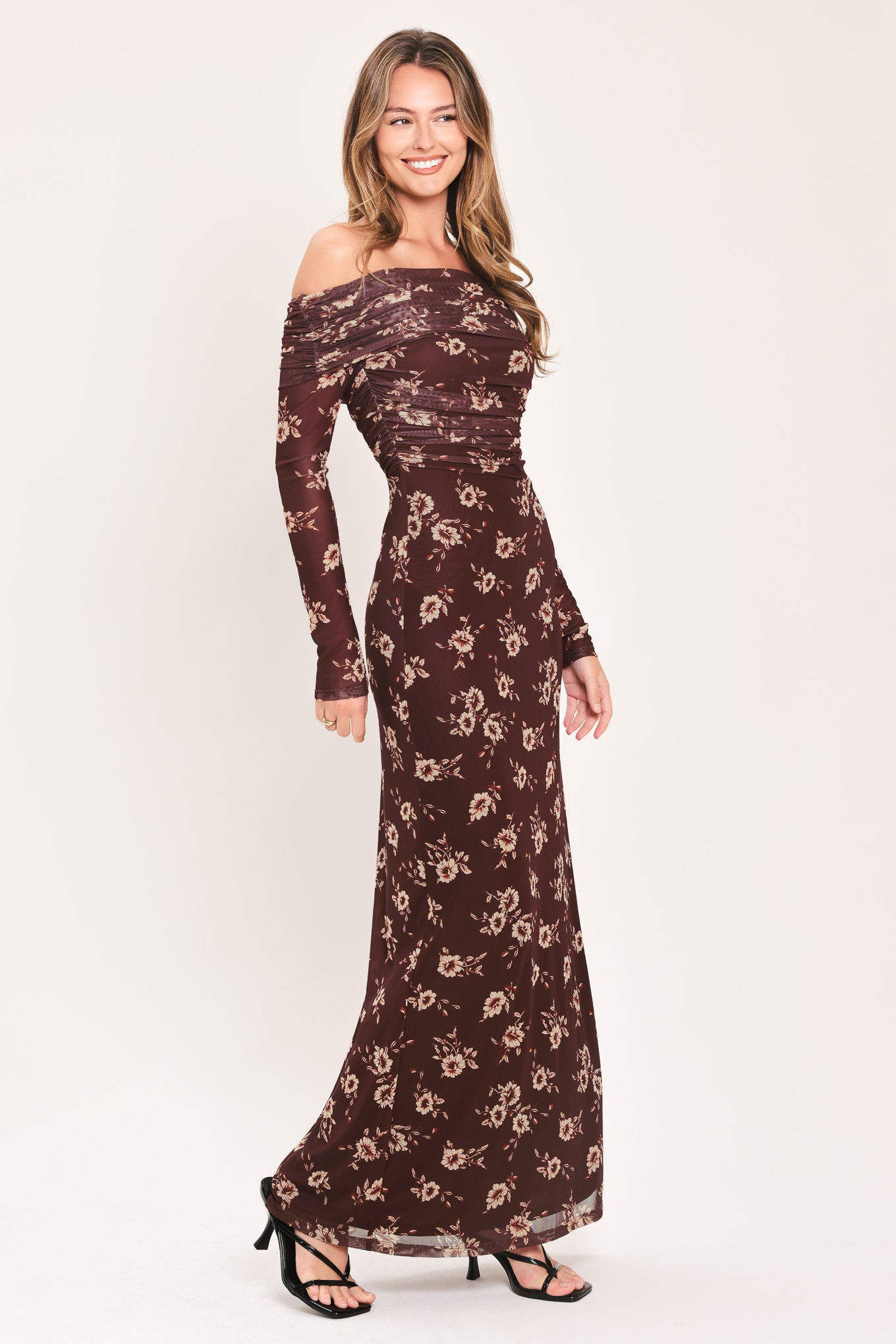 BURGUNDY FLORAL OFF SHOULDER POWER MESH MAXI DRESS