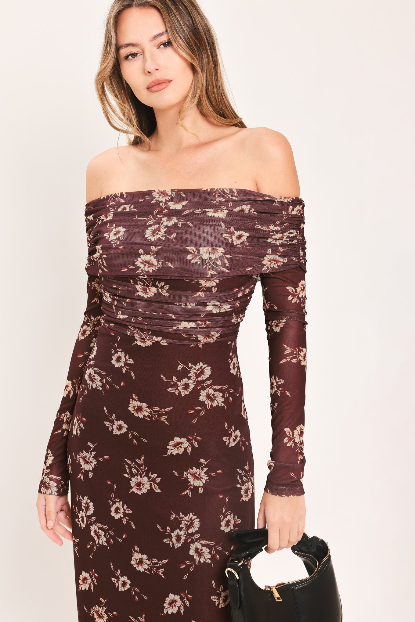 BURGUNDY FLORAL OFF SHOULDER POWER MESH MAXI DRESS